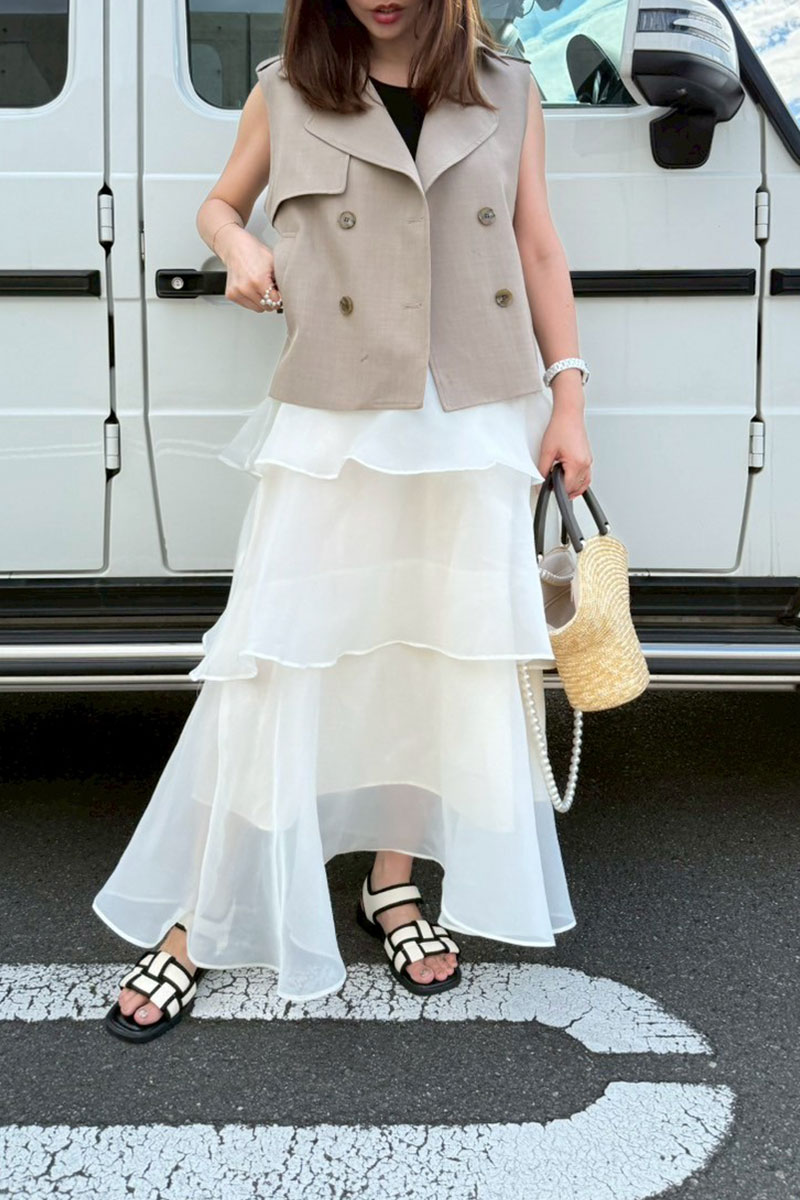 【オーガンジーティアードフリルロングスカート】