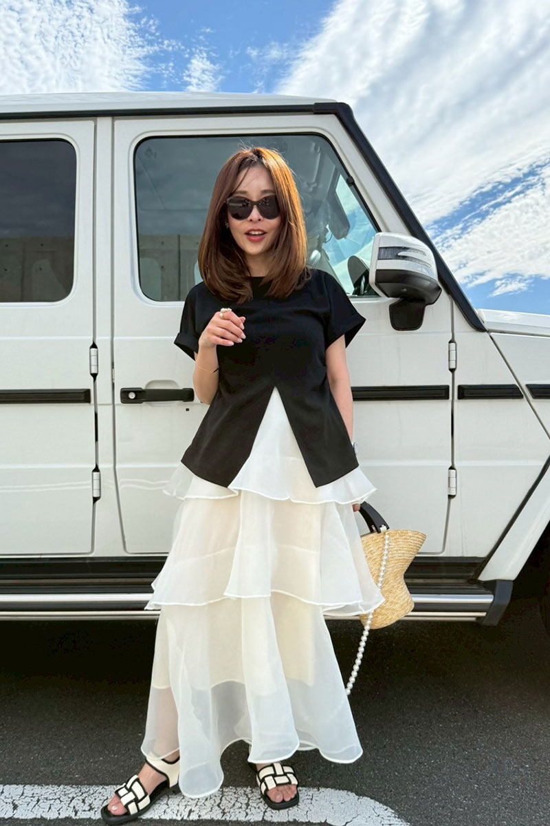 【オーガンジーティアードフリルロングスカート】