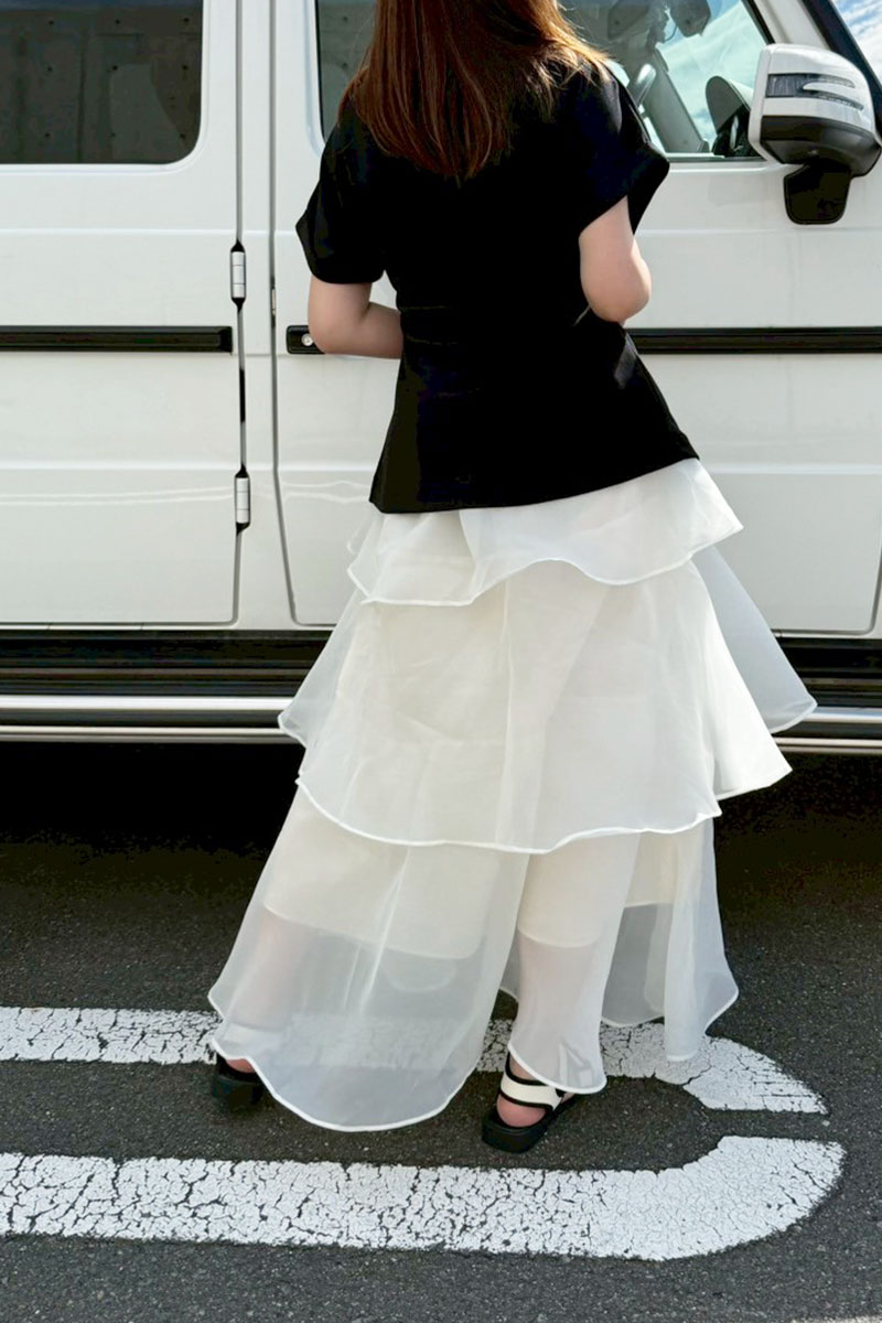 【オーガンジーティアードフリルロングスカート】
