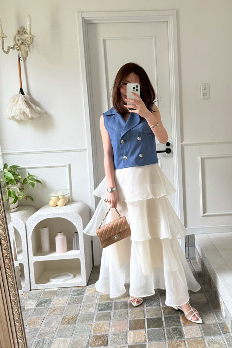 【オーガンジーティアードフリルロングスカート】