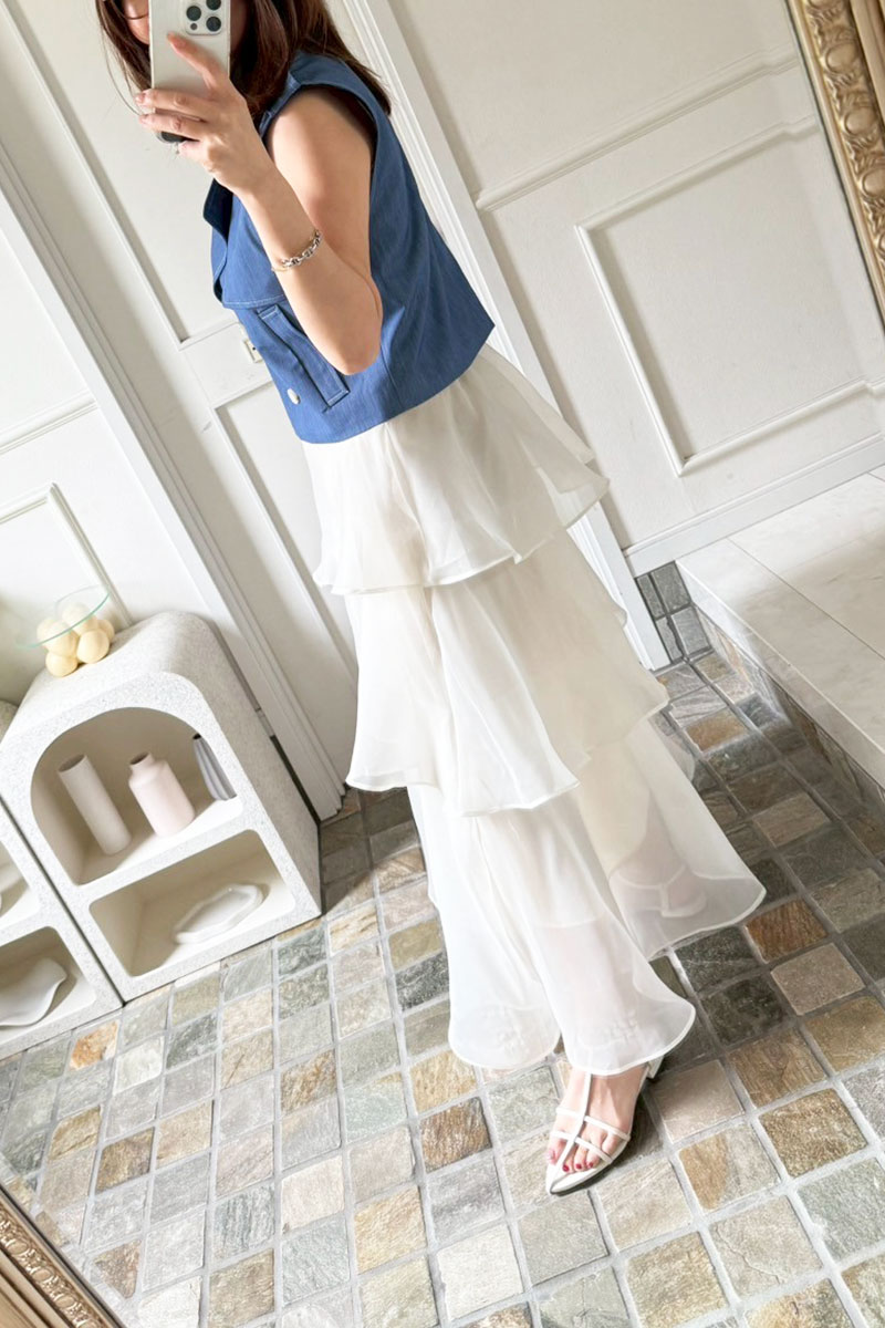 【オーガンジーティアードフリルロングスカート】