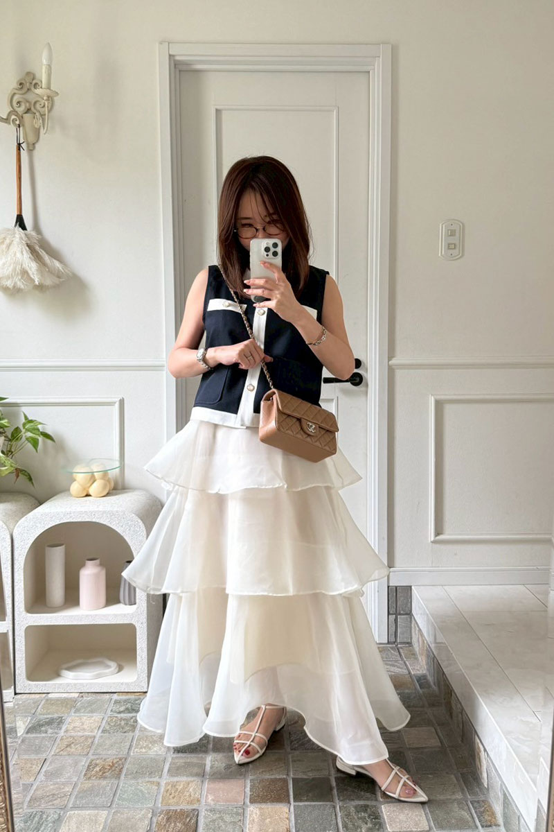 【オーガンジーティアードフリルロングスカート】