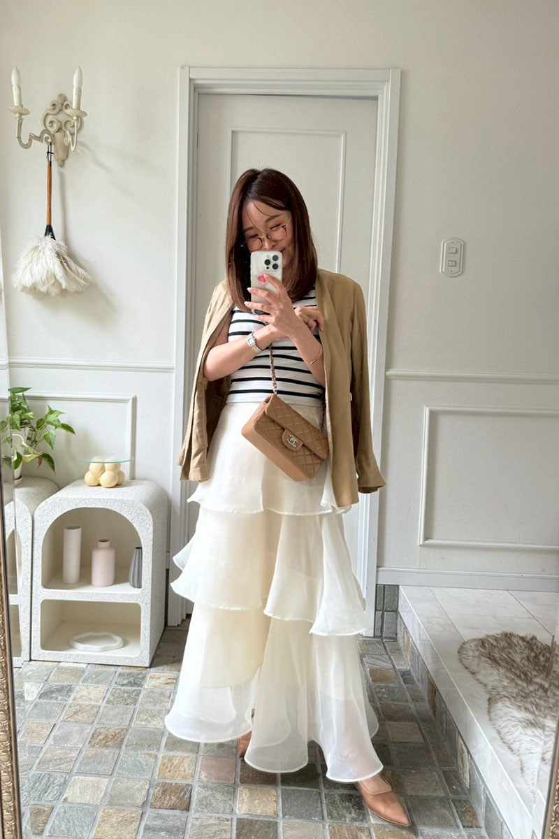 【オーガンジーティアードフリルロングスカート】