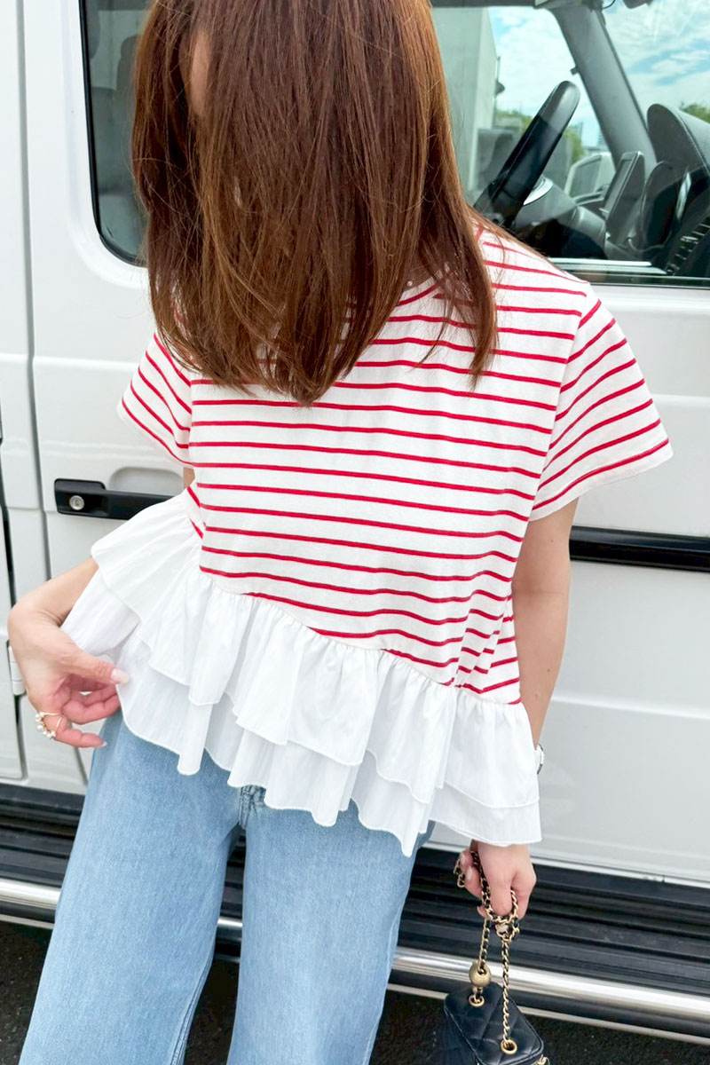 【アシンメトリーボーダーフリルTシャツ(myu2506-4-0042)】