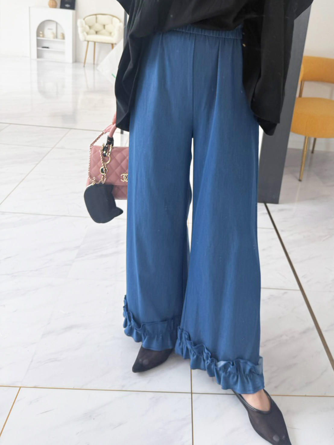 ＼3日間限定PRICE!!今だけ4,495円!!／8/3まで!!SUSO FRILL 【裾フリルエアリーデニムワイド美脚パンツ】(aj064) ☆ノベルティ対象商品☆