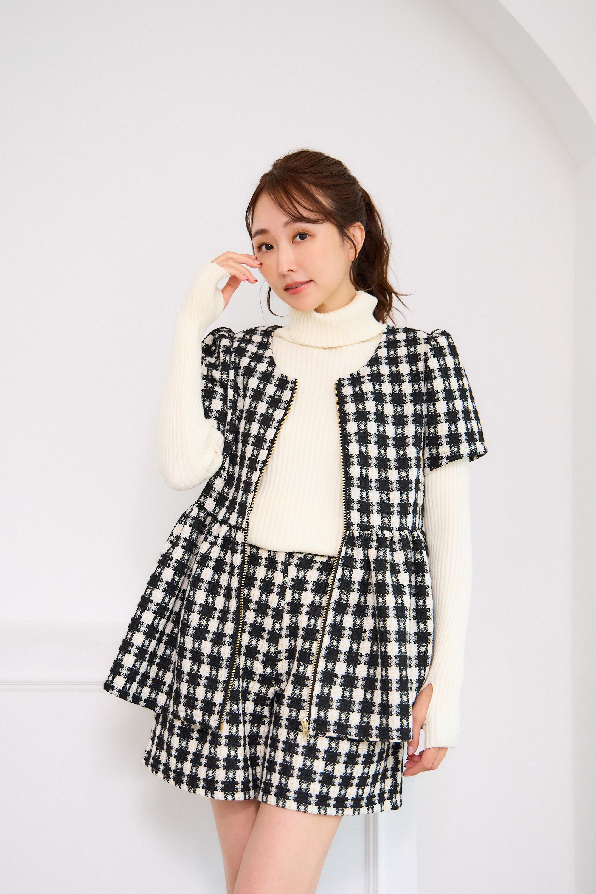 【ツィード　フィットアンドフレア　フロントオープンチュニック 　半袖(kbm542)】メール便OK