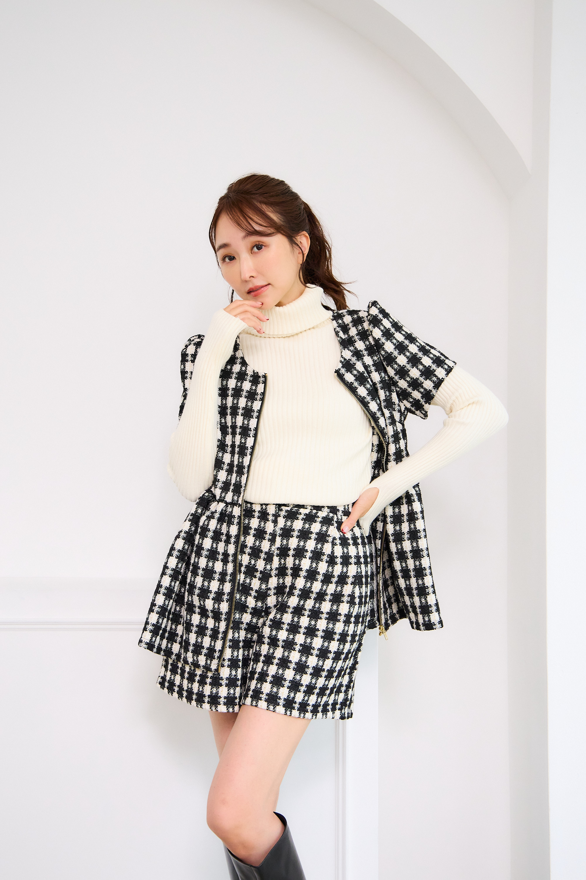 【ツィード　フィットアンドフレア　フロントオープンチュニック 　半袖(kbm542)】メール便OK