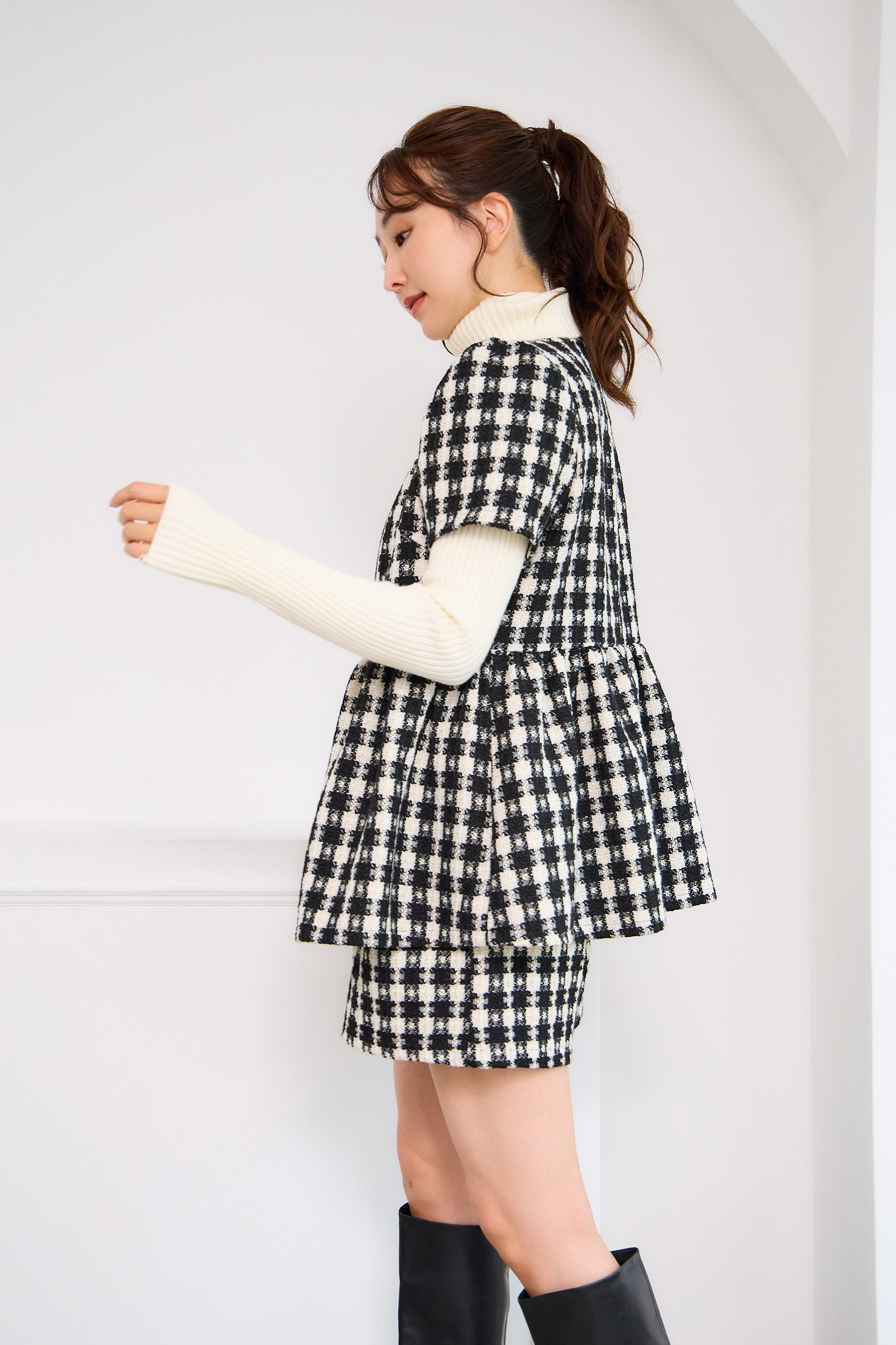 【ツィード　フィットアンドフレア　フロントオープンチュニック 　半袖(kbm542)】メール便OK