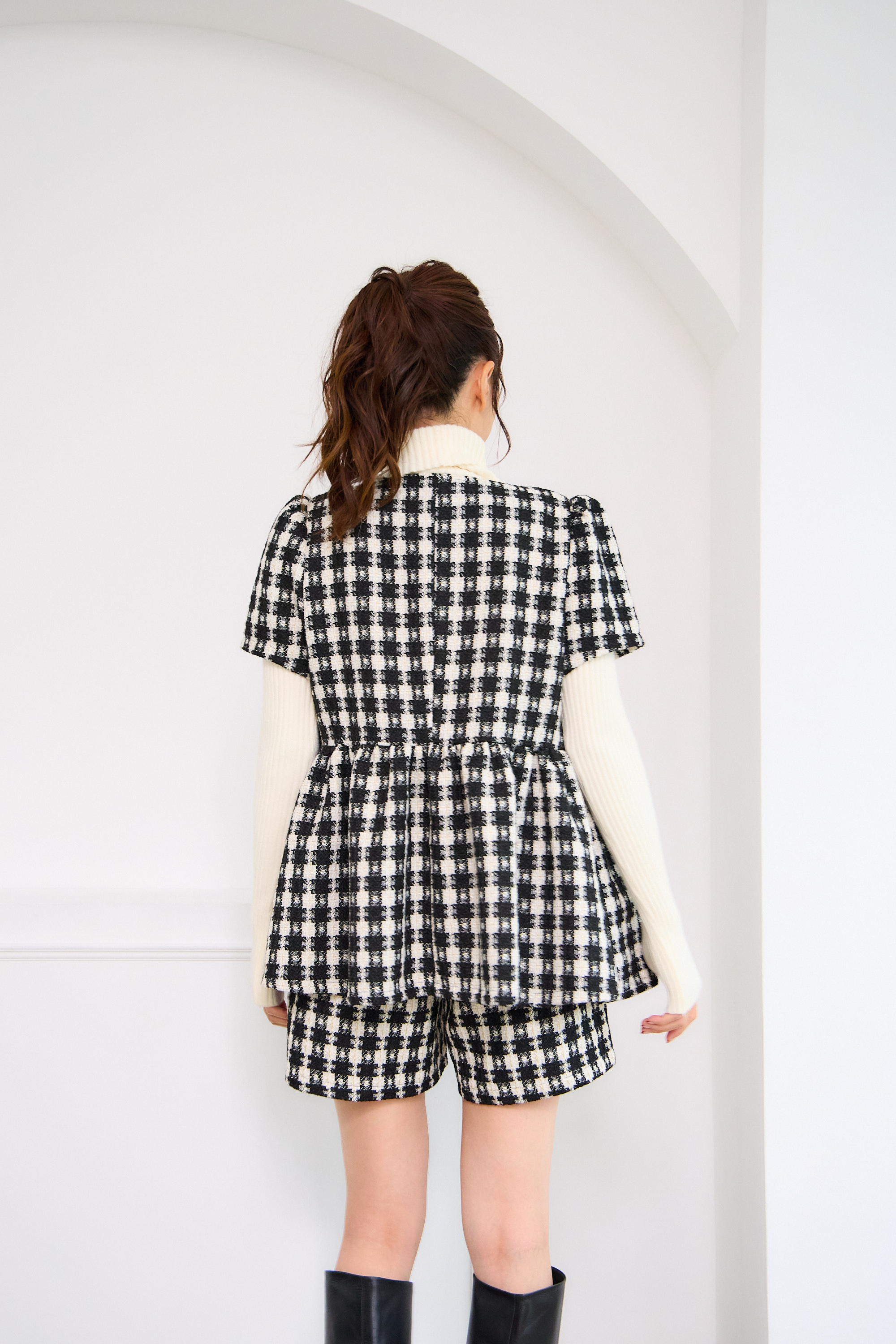 【ツィード　フィットアンドフレア　フロントオープンチュニック 　半袖(kbm542)】メール便OK