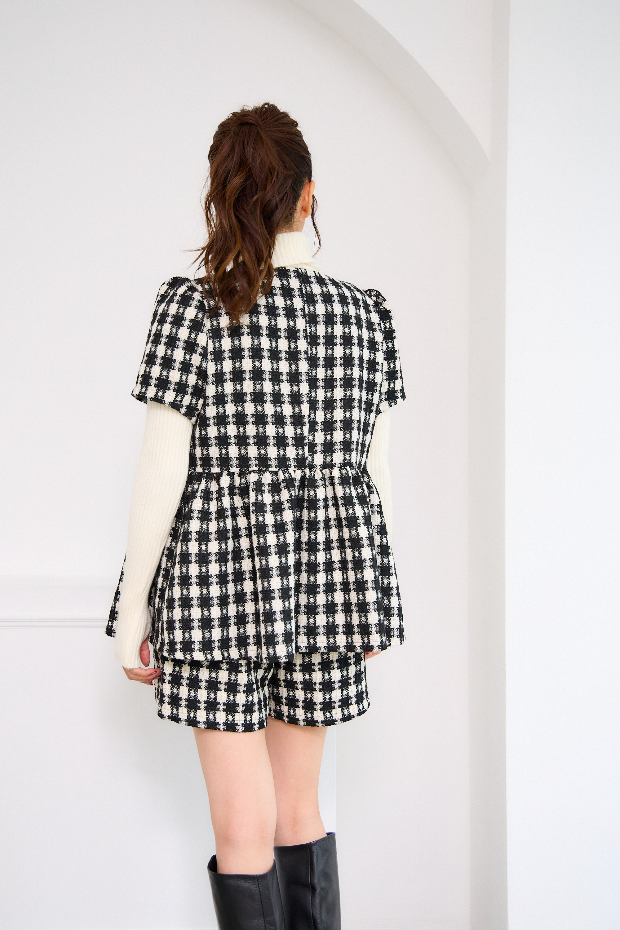 【ツィード　フィットアンドフレア　フロントオープンチュニック 　半袖(kbm542)】メール便OK