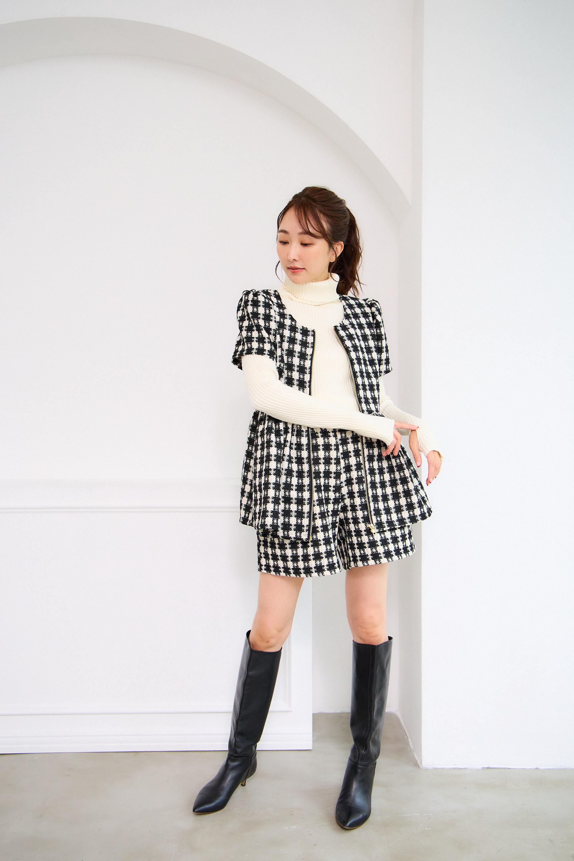 【ツィード　フィットアンドフレア　フロントオープンチュニック 　半袖(kbm542)】メール便OK