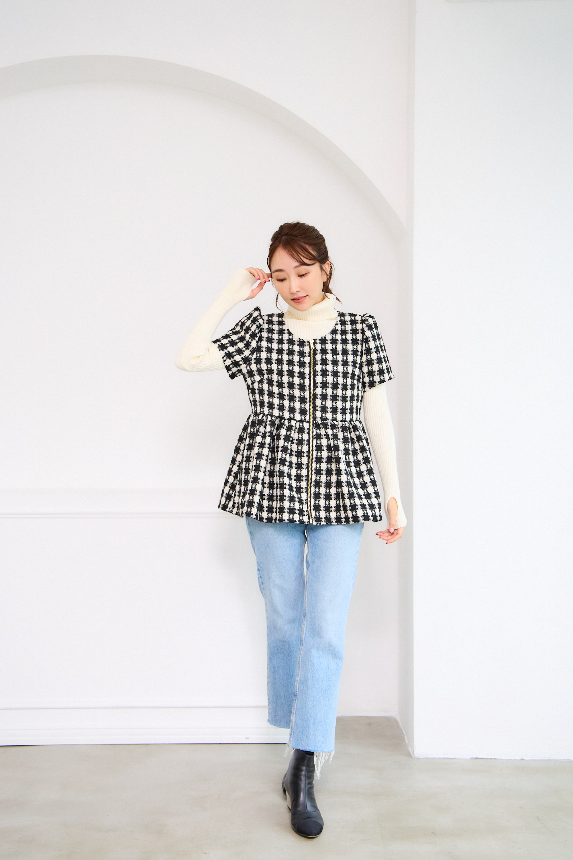 【ツィード　フィットアンドフレア　フロントオープンチュニック 　半袖(kbm542)】メール便OK