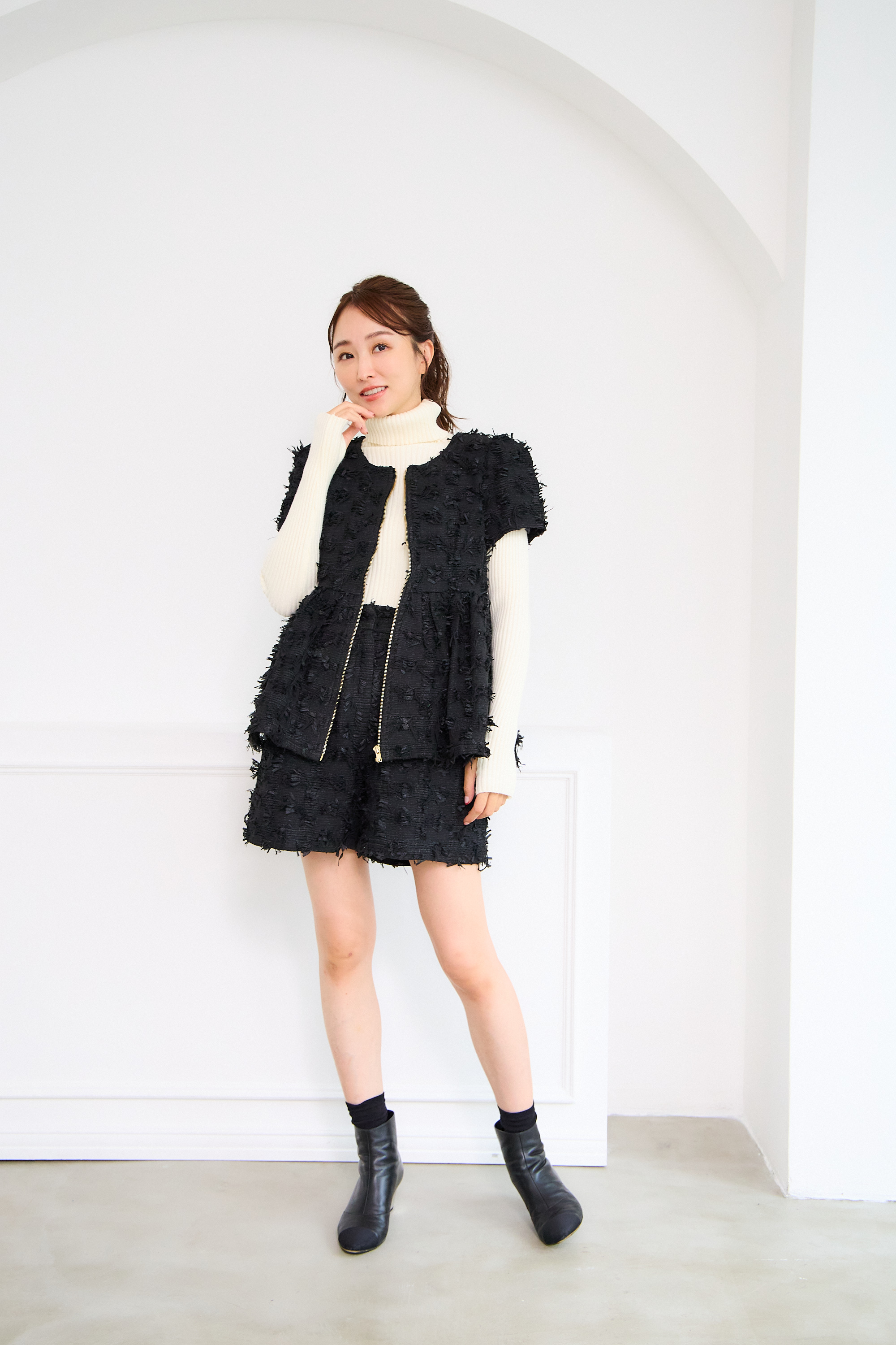 【ツィード　フィットアンドフレア　フロントオープンチュニック 　半袖(kbm542)】メール便OK