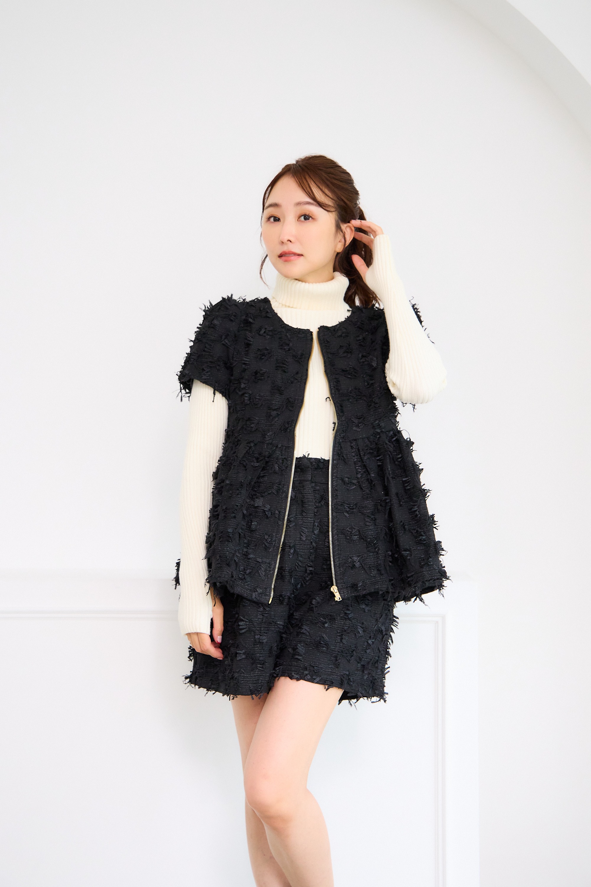 【ツィード　フィットアンドフレア　フロントオープンチュニック 　半袖(kbm542)】メール便OK