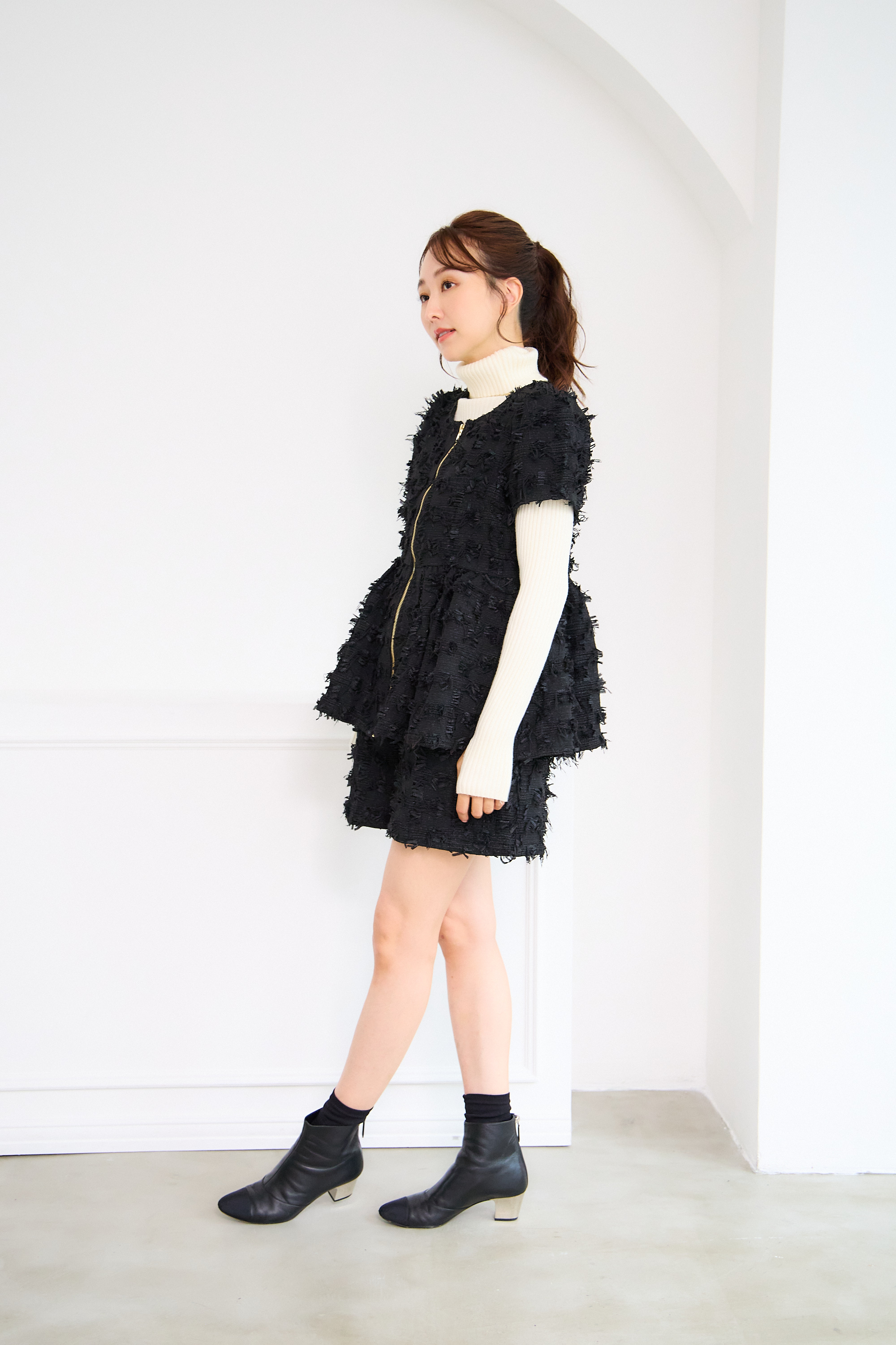 【ツィード　フィットアンドフレア　フロントオープンチュニック 　半袖(kbm542)】メール便OK