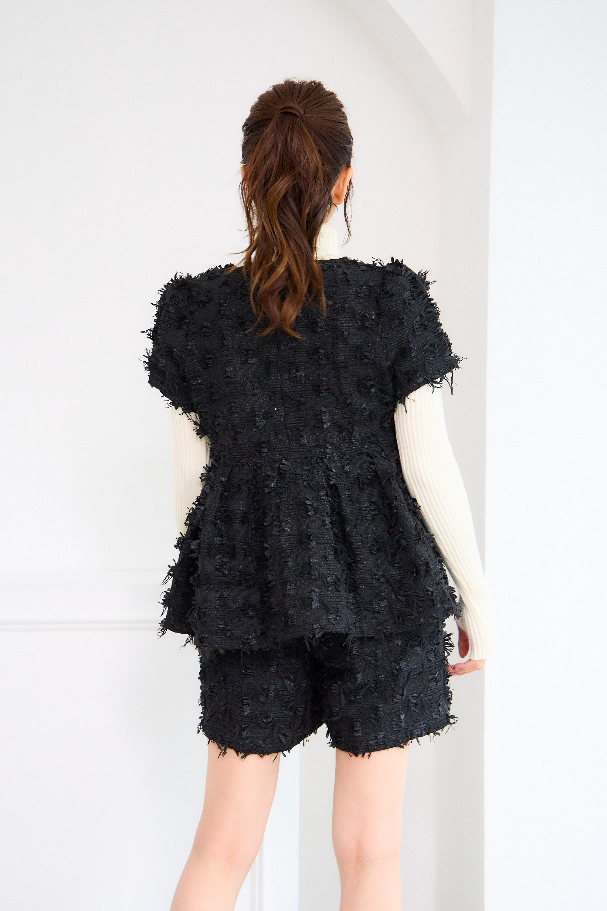 【ツィード　フィットアンドフレア　フロントオープンチュニック 　半袖(kbm542)】メール便OK