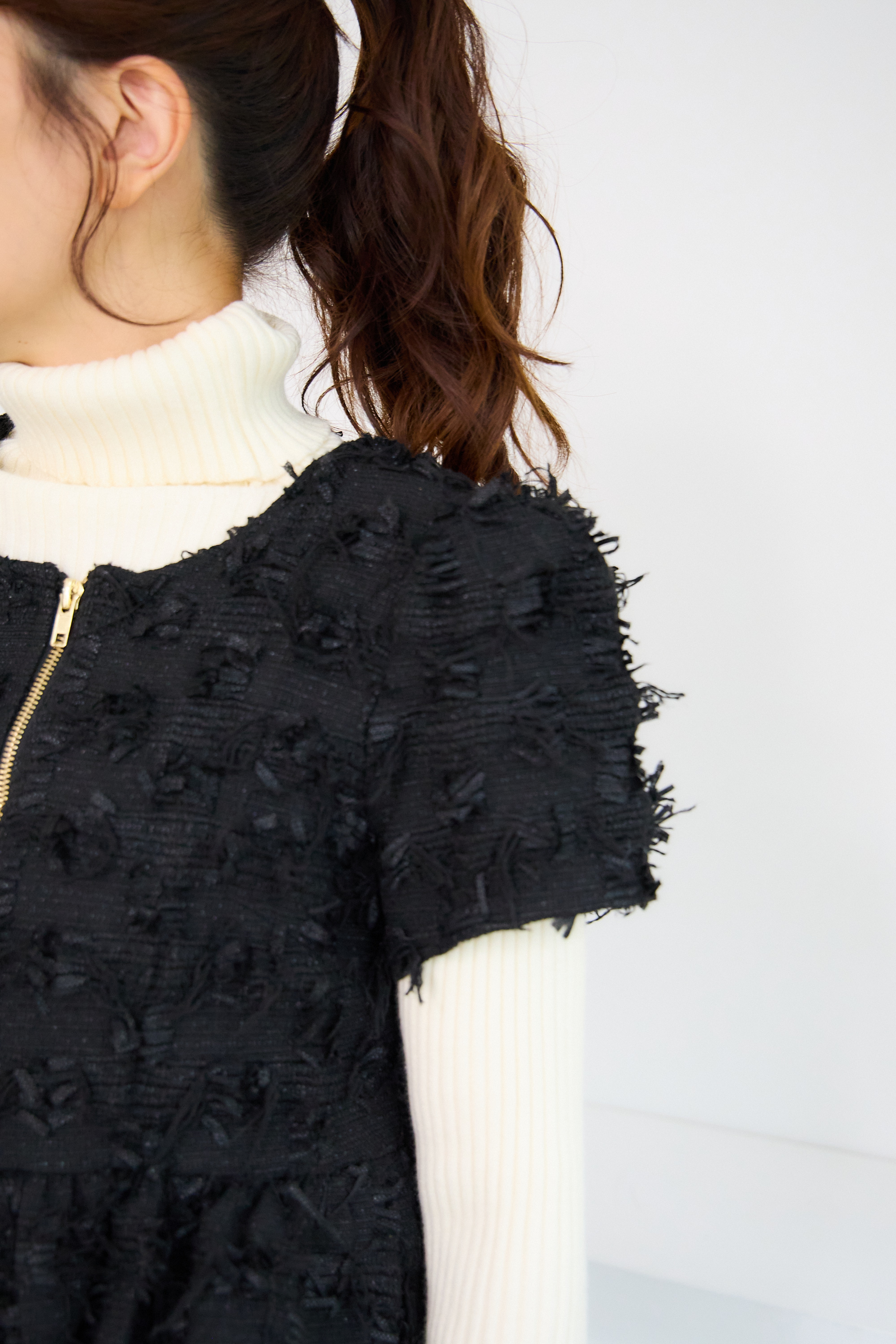 【ツィード　フィットアンドフレア　フロントオープンチュニック 　半袖(kbm542)】メール便OK