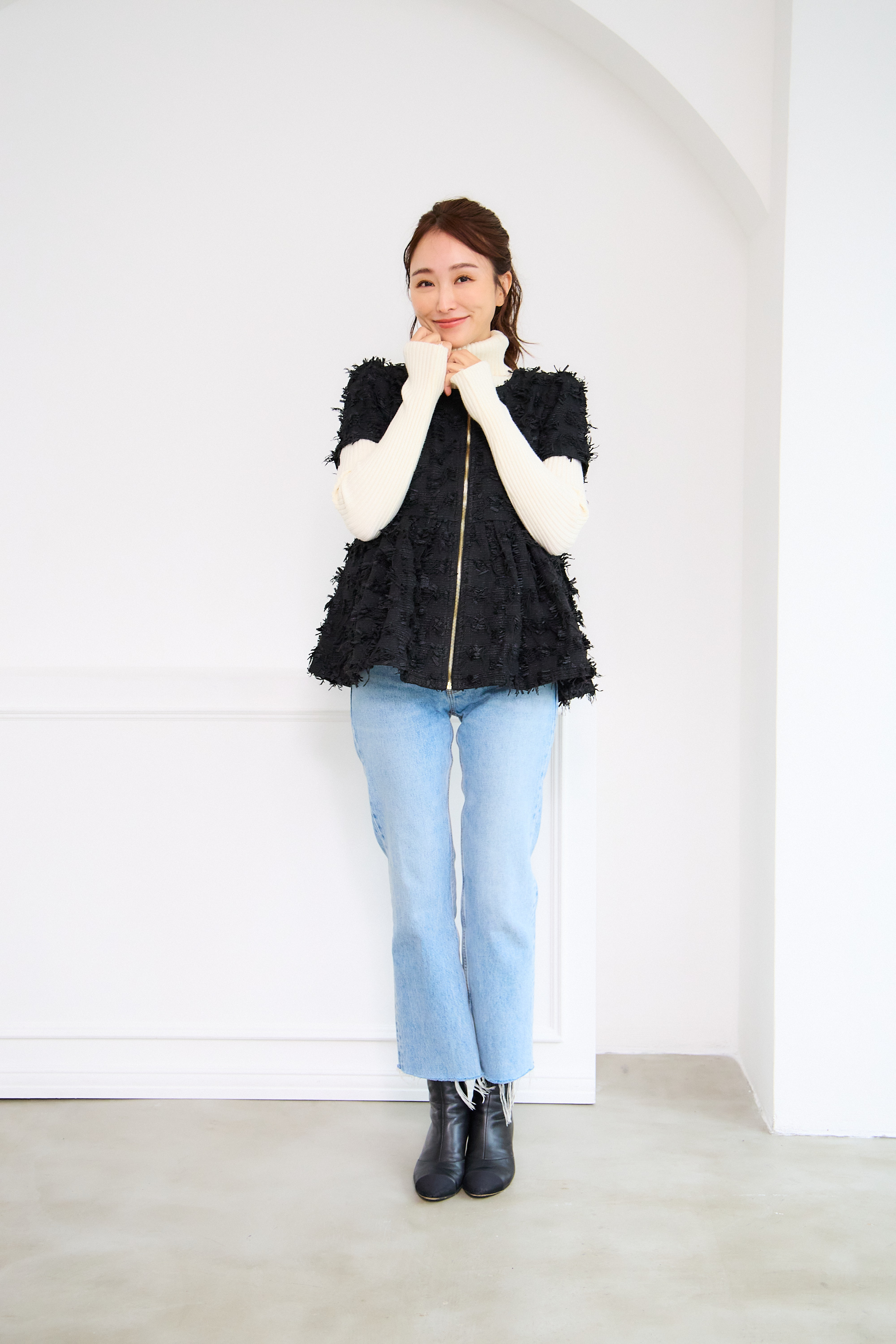 【ツィード　フィットアンドフレア　フロントオープンチュニック 　半袖(kbm542)】メール便OK