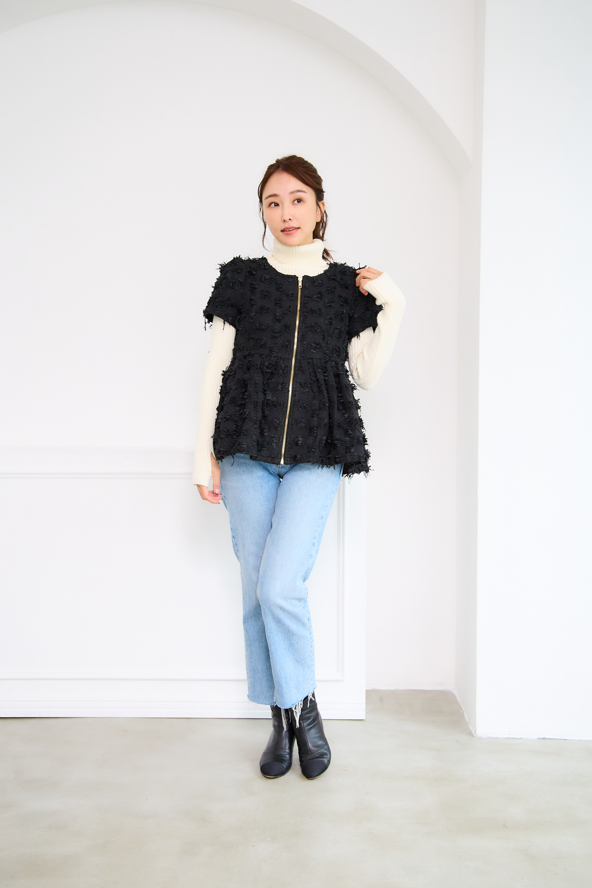 【ツィード　フィットアンドフレア　フロントオープンチュニック 　半袖(kbm542)】メール便OK