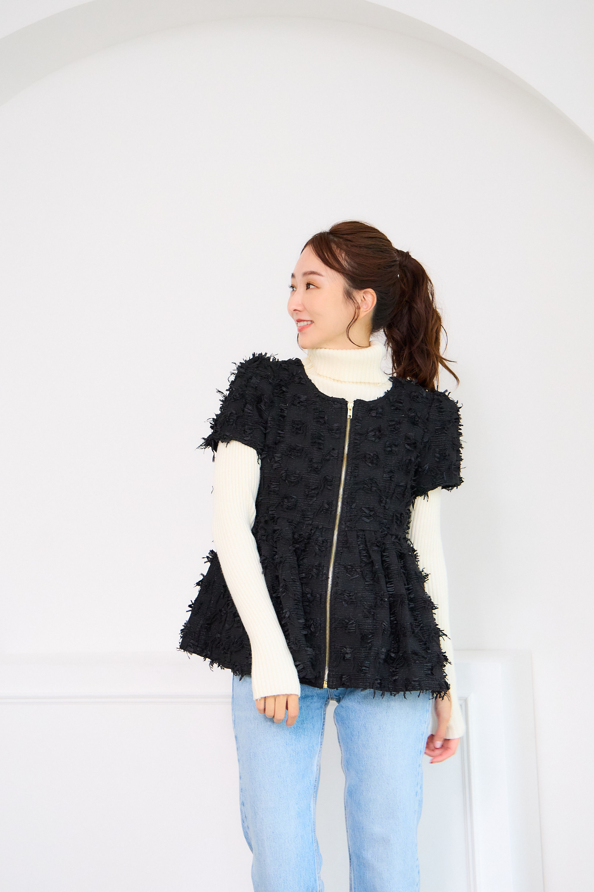 【ツィード　フィットアンドフレア　フロントオープンチュニック 　半袖(kbm542)】メール便OK