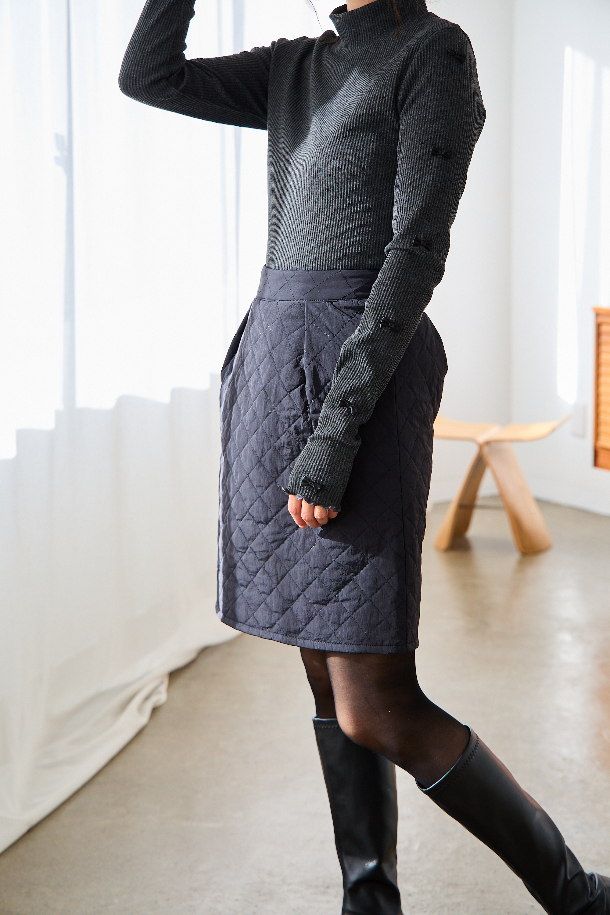キルティングミディ丈スカート/インパン付