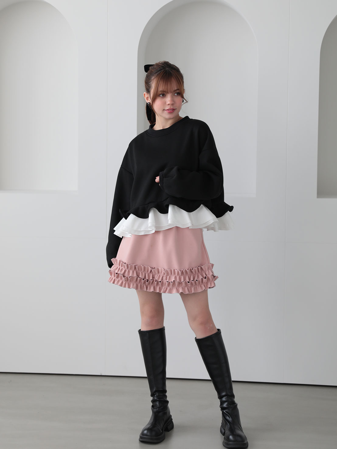 裾フリル裏起毛オーバーTOPS(aj026)