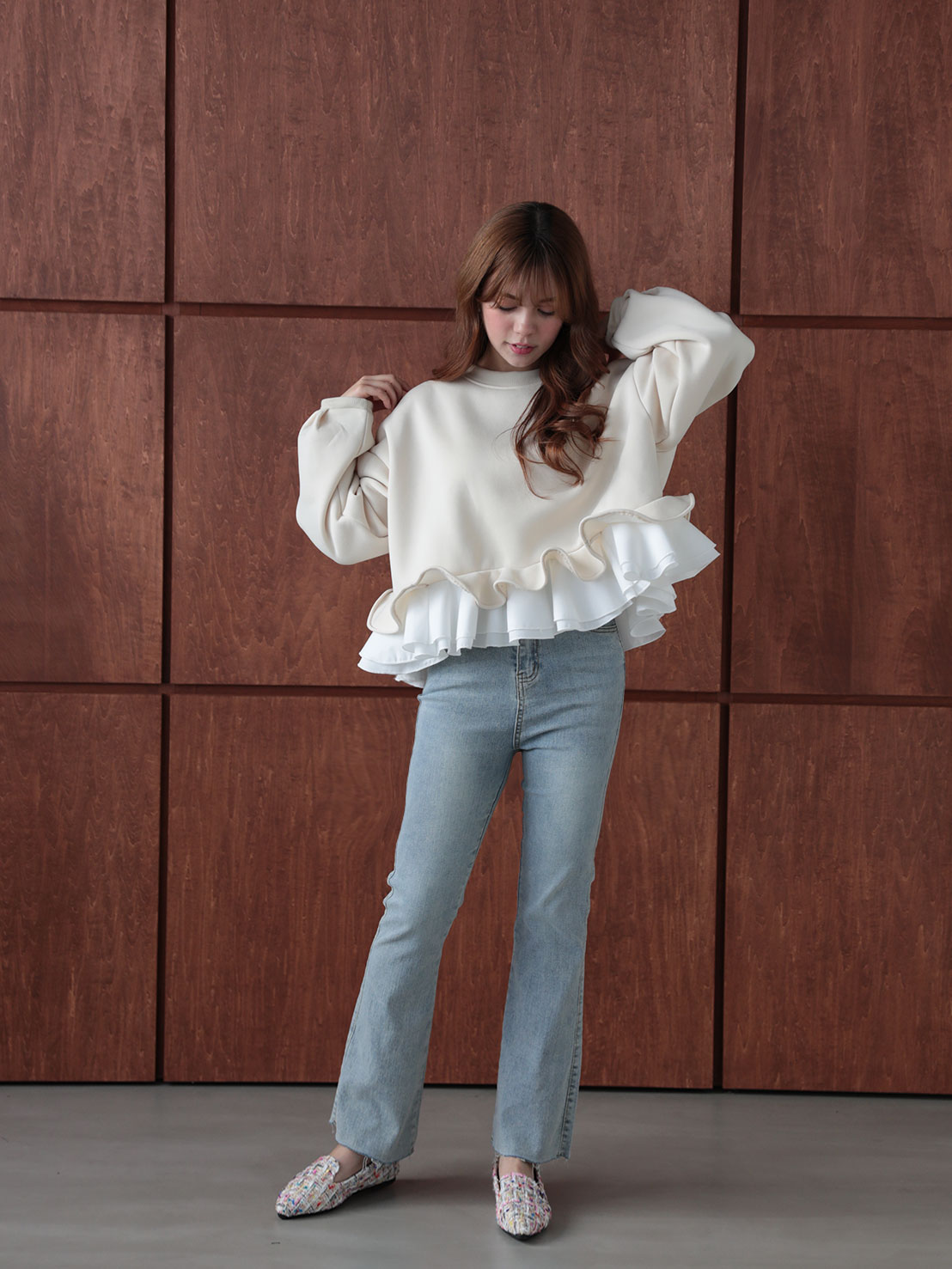 裾フリル裏起毛オーバーTOPS(aj026)