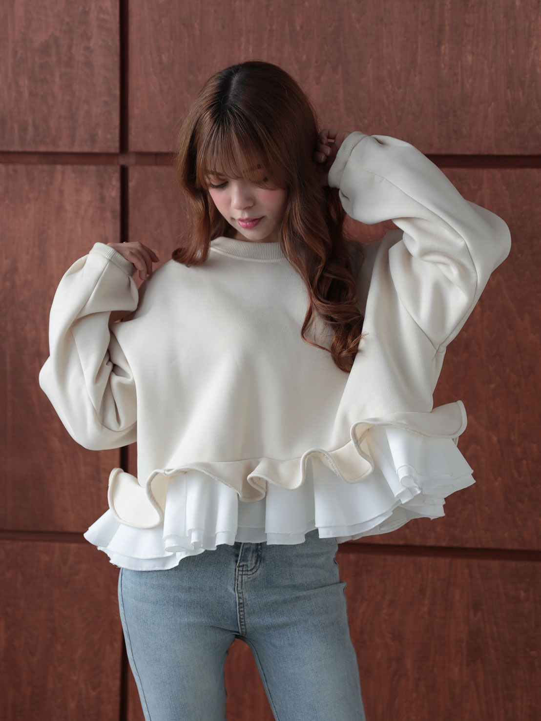 裾フリル裏起毛オーバーTOPS(aj026)