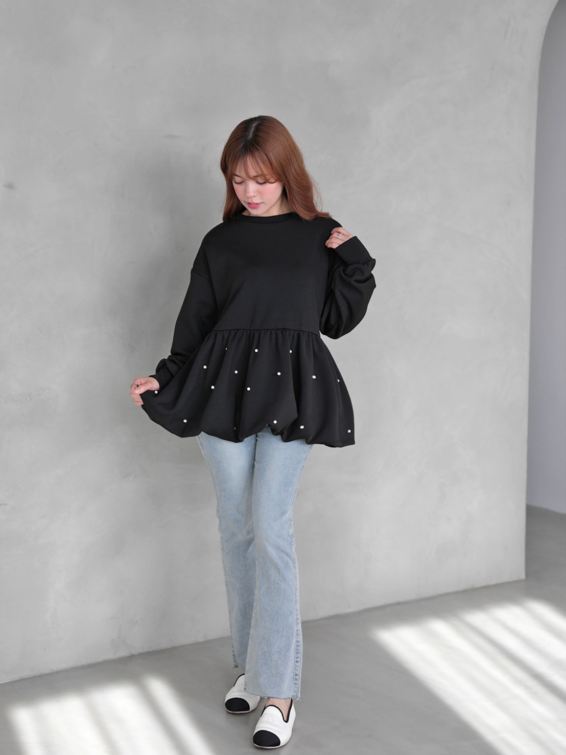 もっちりしっとりな肌触り【裾バルーン パールTOPS】(ma29)TH