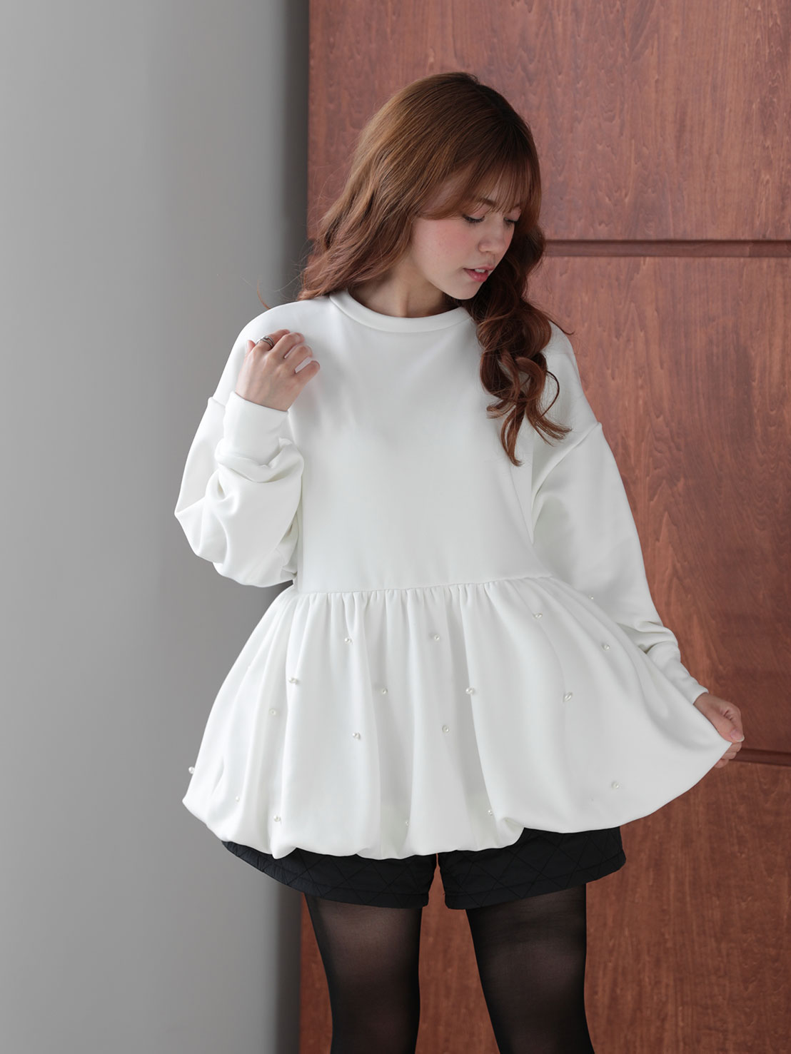 もっちりしっとりな肌触り【裾バルーン パールTOPS】(ma29)TH