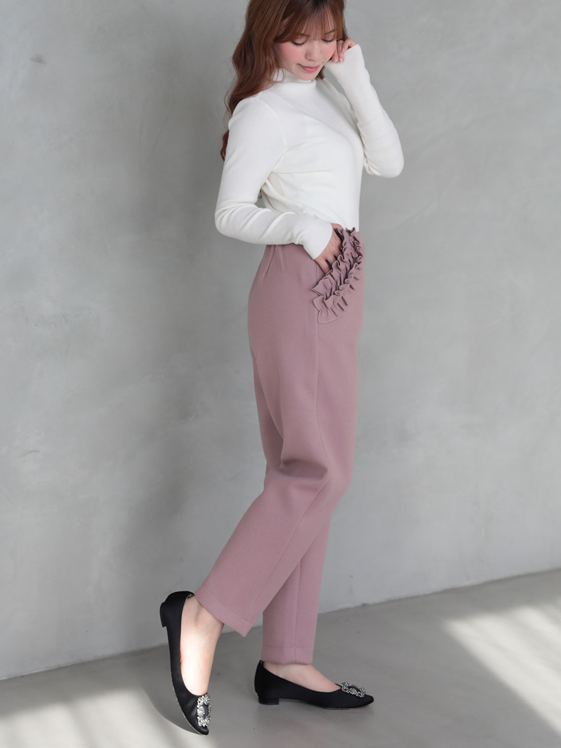 【FLOWERフリル 美脚セミカーブパンツ(ma26)】 ♥ノベルティ対象商品♥