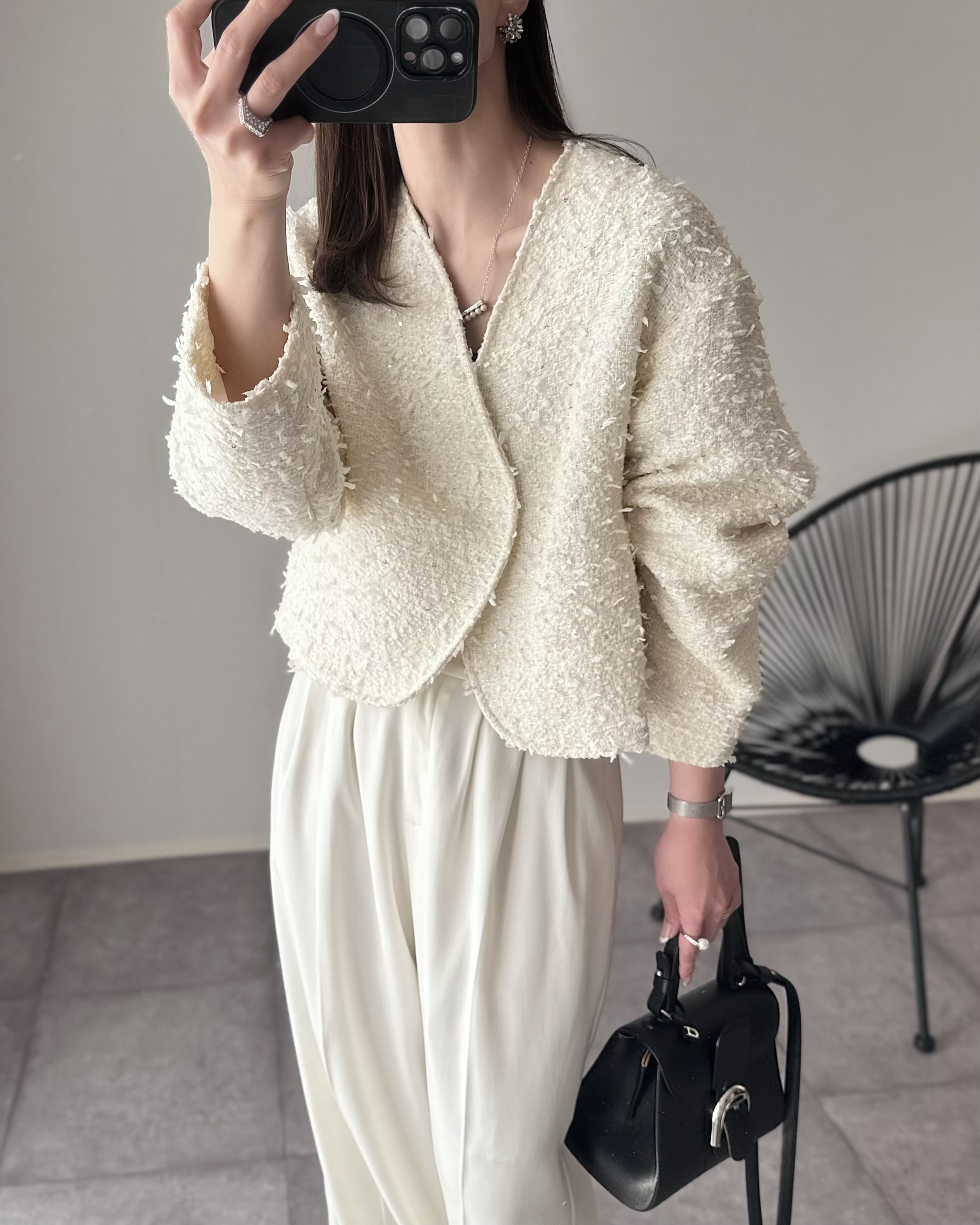 キラキラツイード スッキリ見せノーカラージャケット(kbm603)】