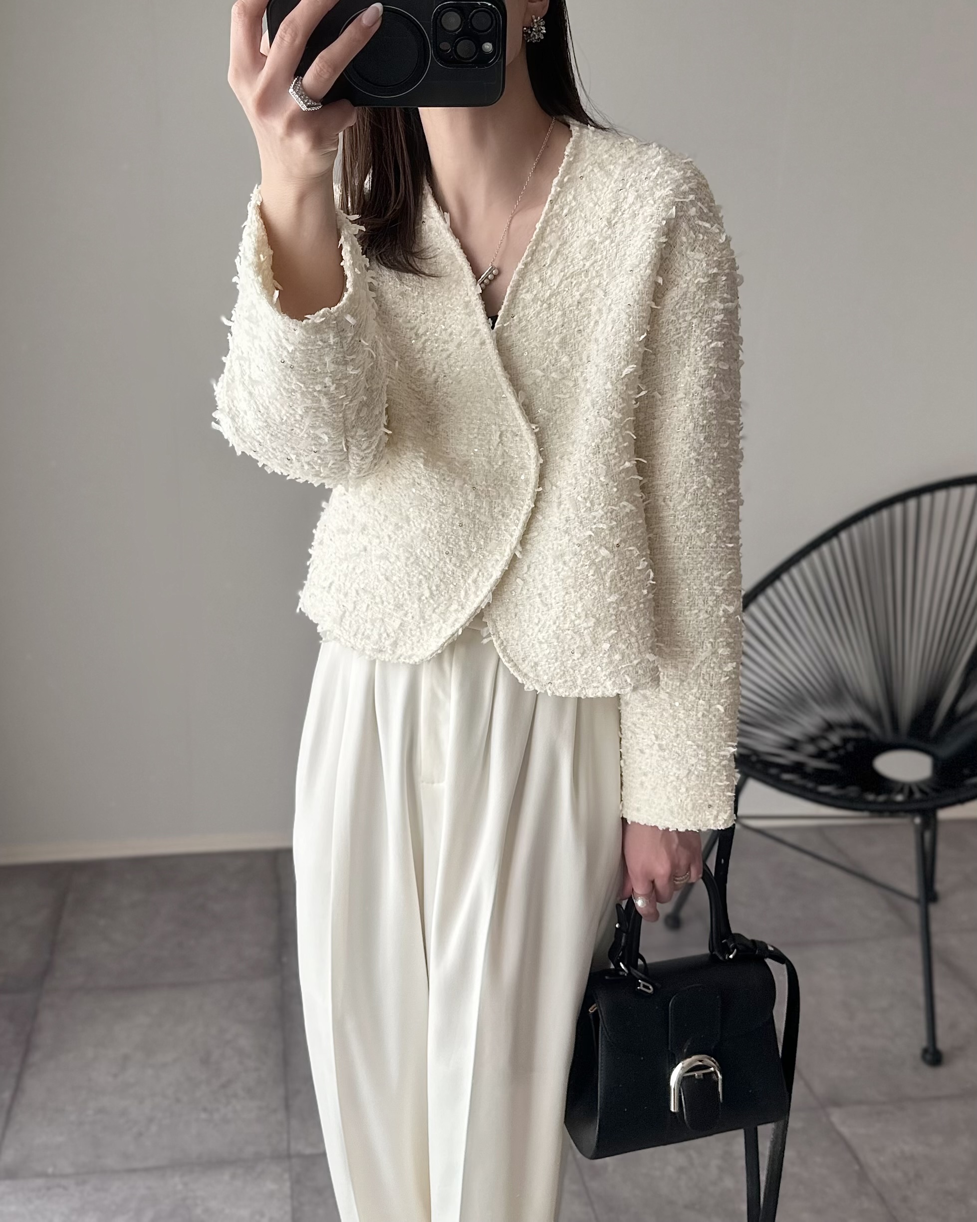 mako×Myuコラボ【キラキラツイード スッキリ見せノーカラージャケット(kbm603)】メール便OK