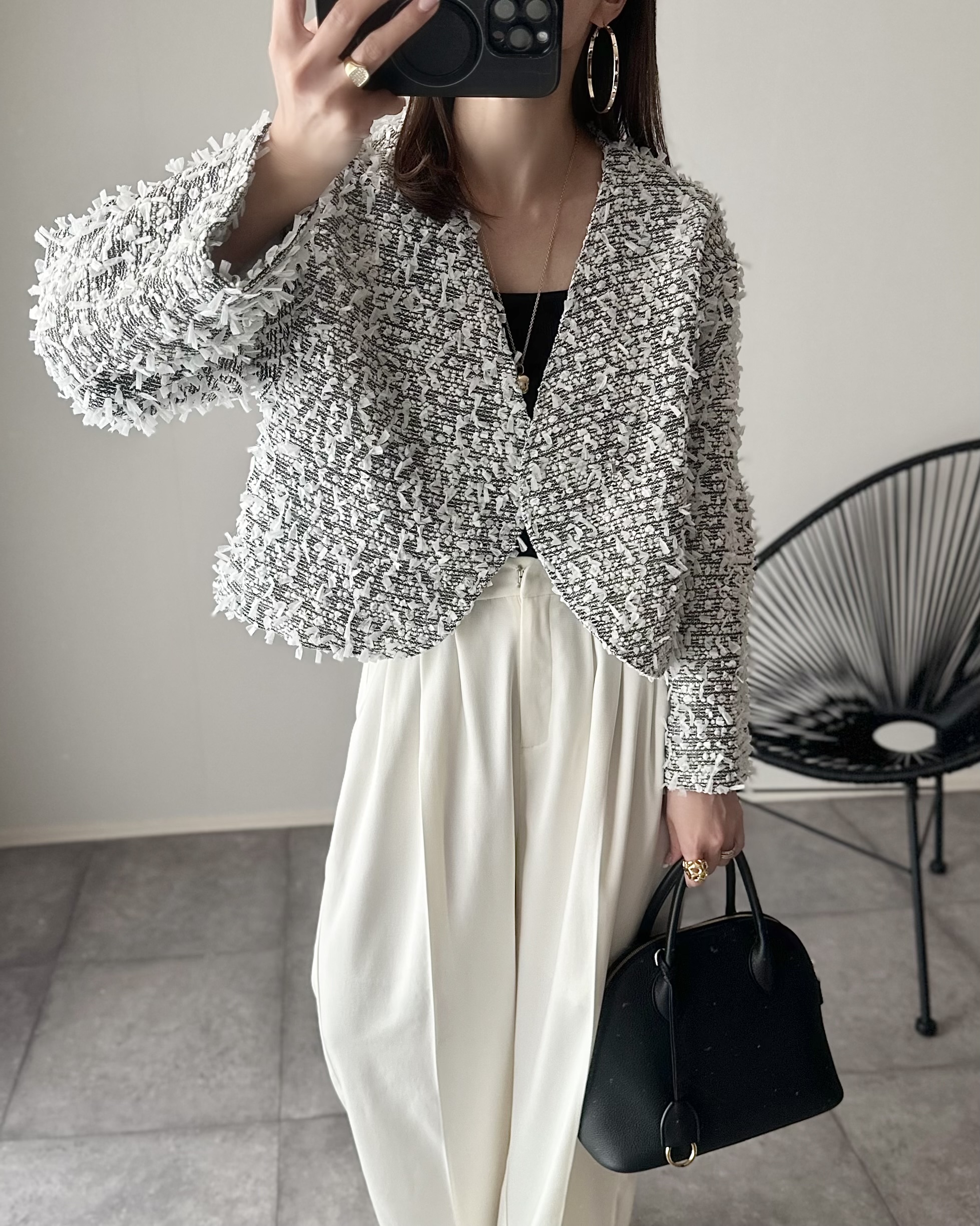 mako×Myuコラボ【キラキラツイード スッキリ見せノーカラージャケット(kbm603)】メール便OK