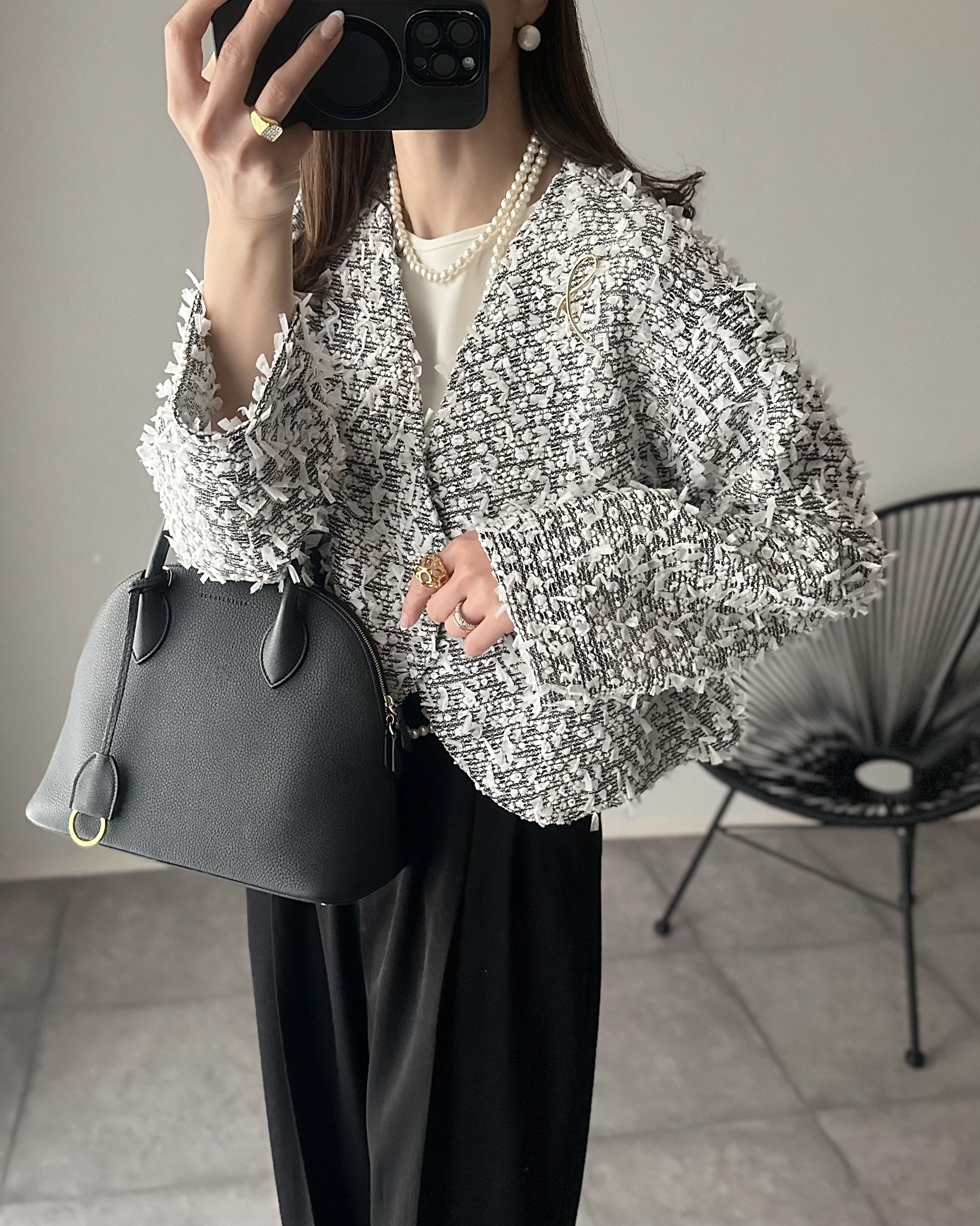 mako×Myuコラボ【キラキラツイード スッキリ見せノーカラージャケット(kbm603)】メール便OK