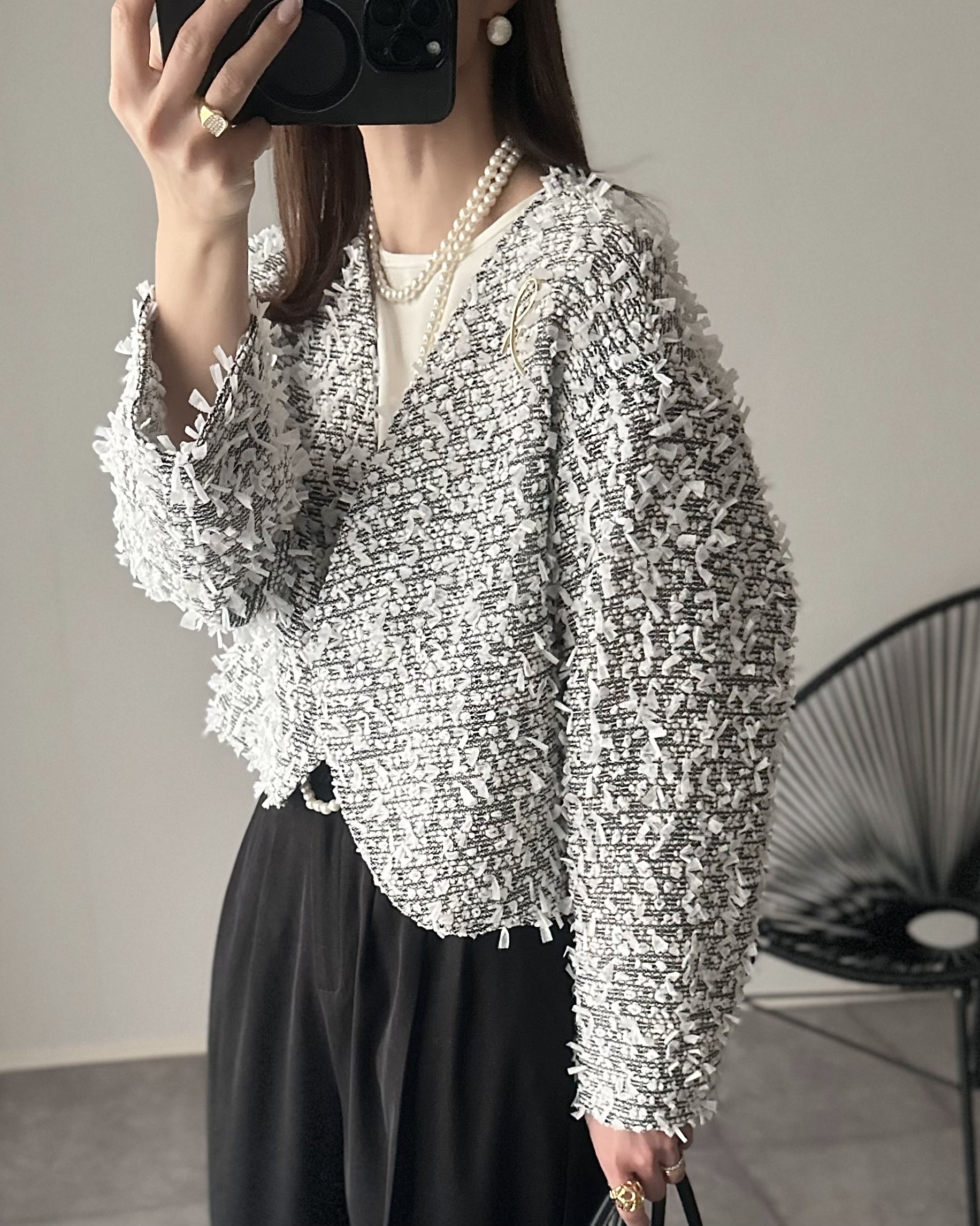 mako×Myuコラボ【キラキラツイード スッキリ見せノーカラージャケット(kbm603)】メール便OK