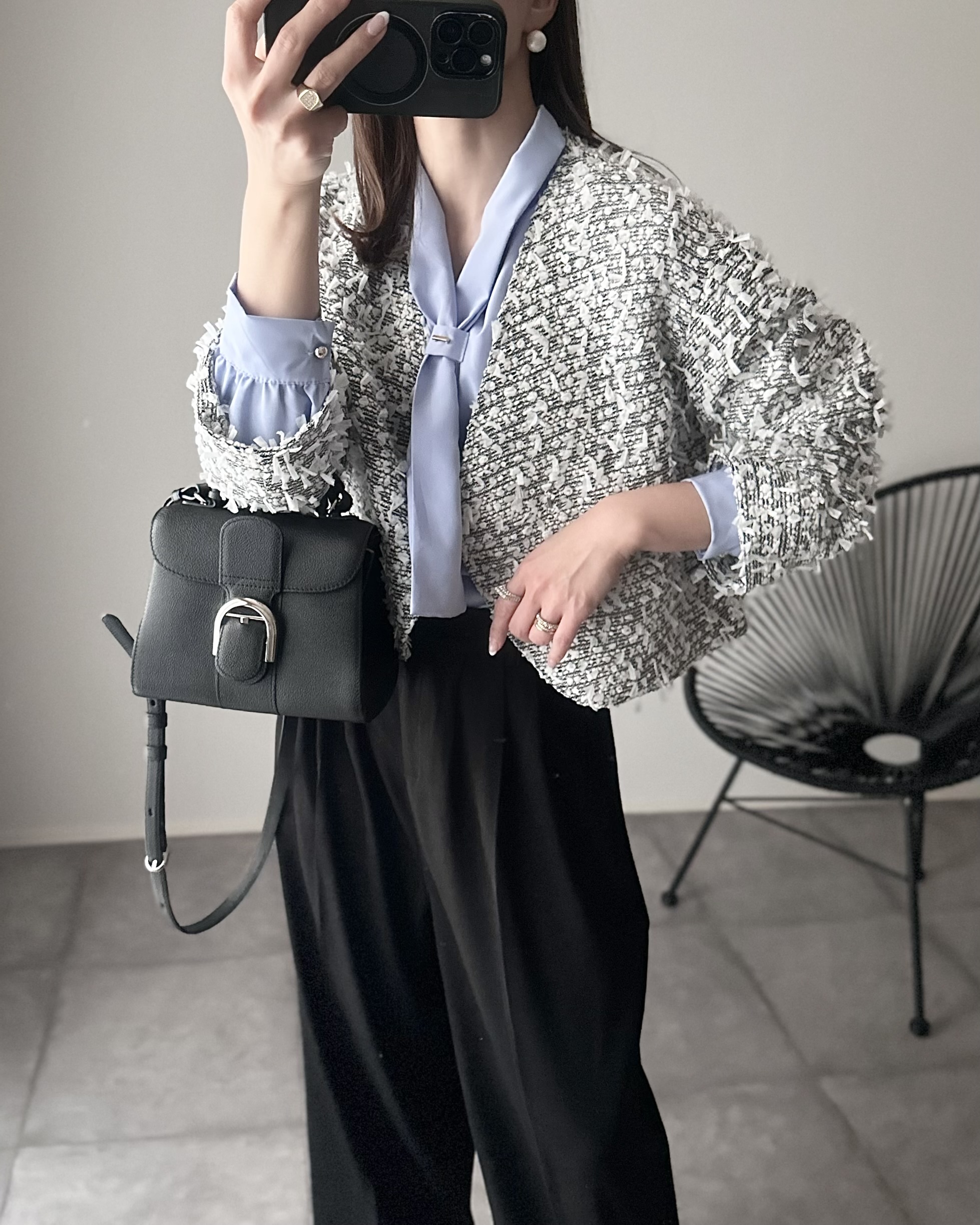 mako×Myuコラボ【キラキラツイード スッキリ見せノーカラージャケット(kbm603)】メール便OK