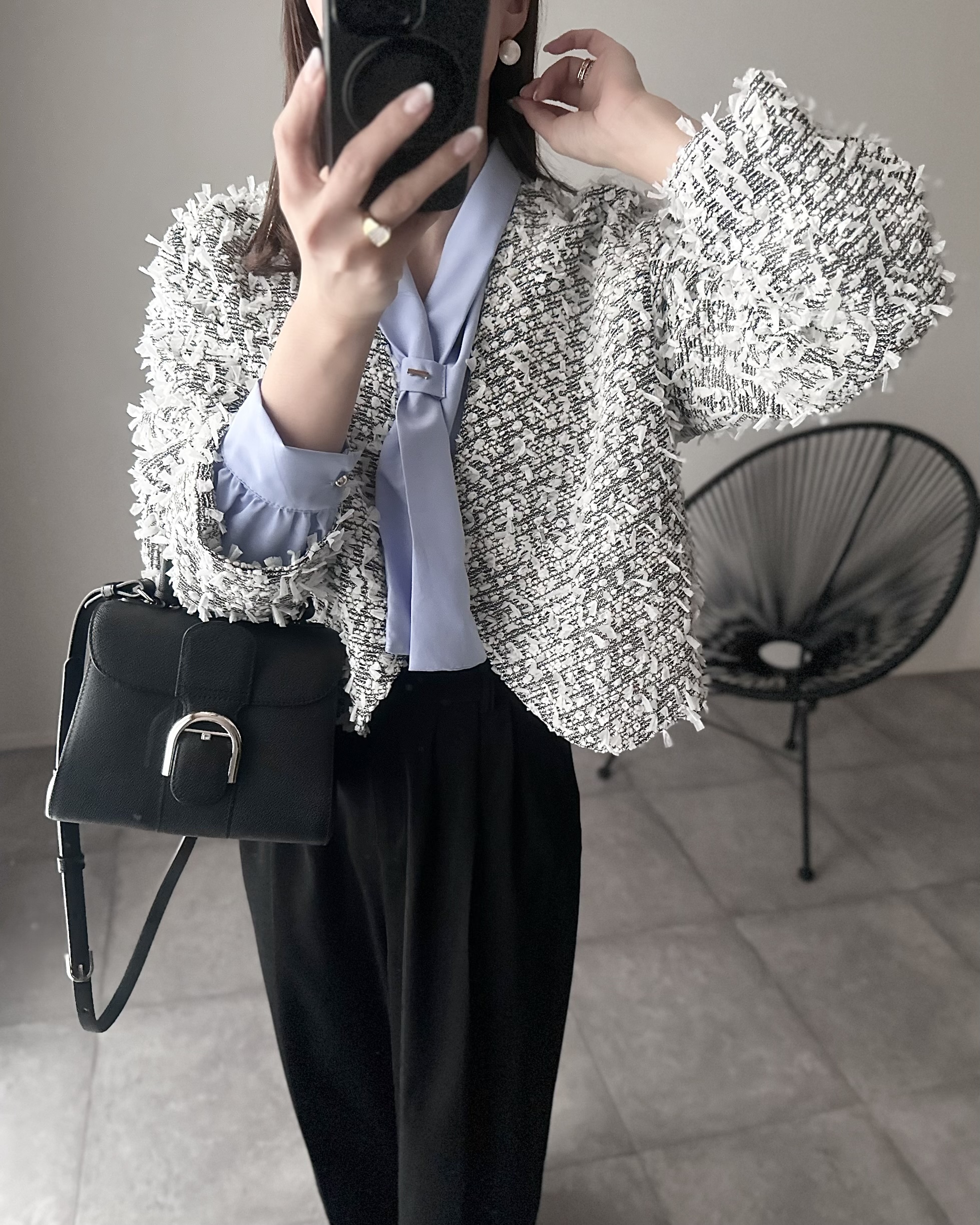 mako×Myuコラボ【キラキラツイード スッキリ見せノーカラージャケット(kbm603)】メール便OK