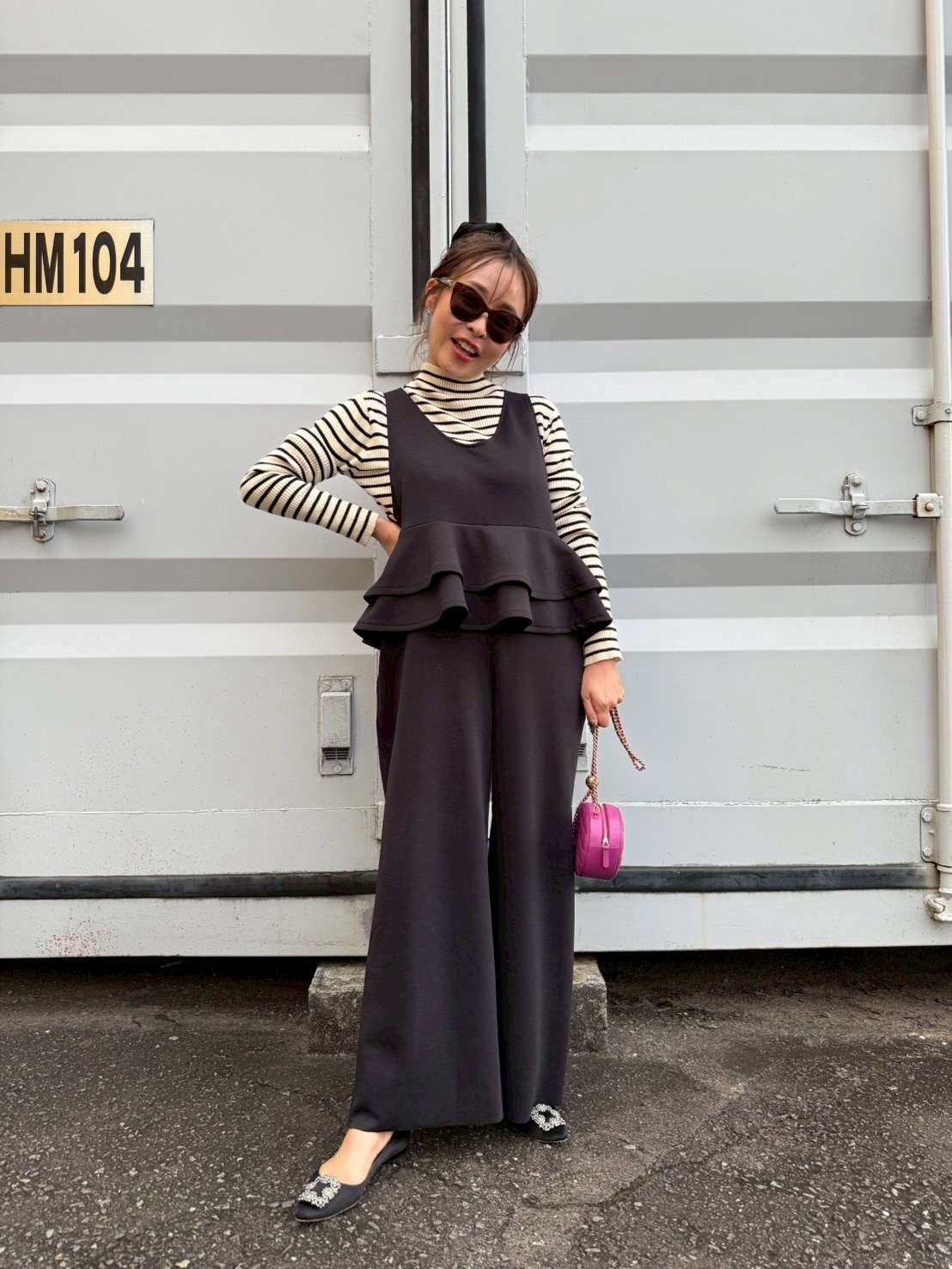 【驚くほど楽ちんでびっくりするほど体型カバー】 ウエストフリルストレッチサロペット(ma11-2508)