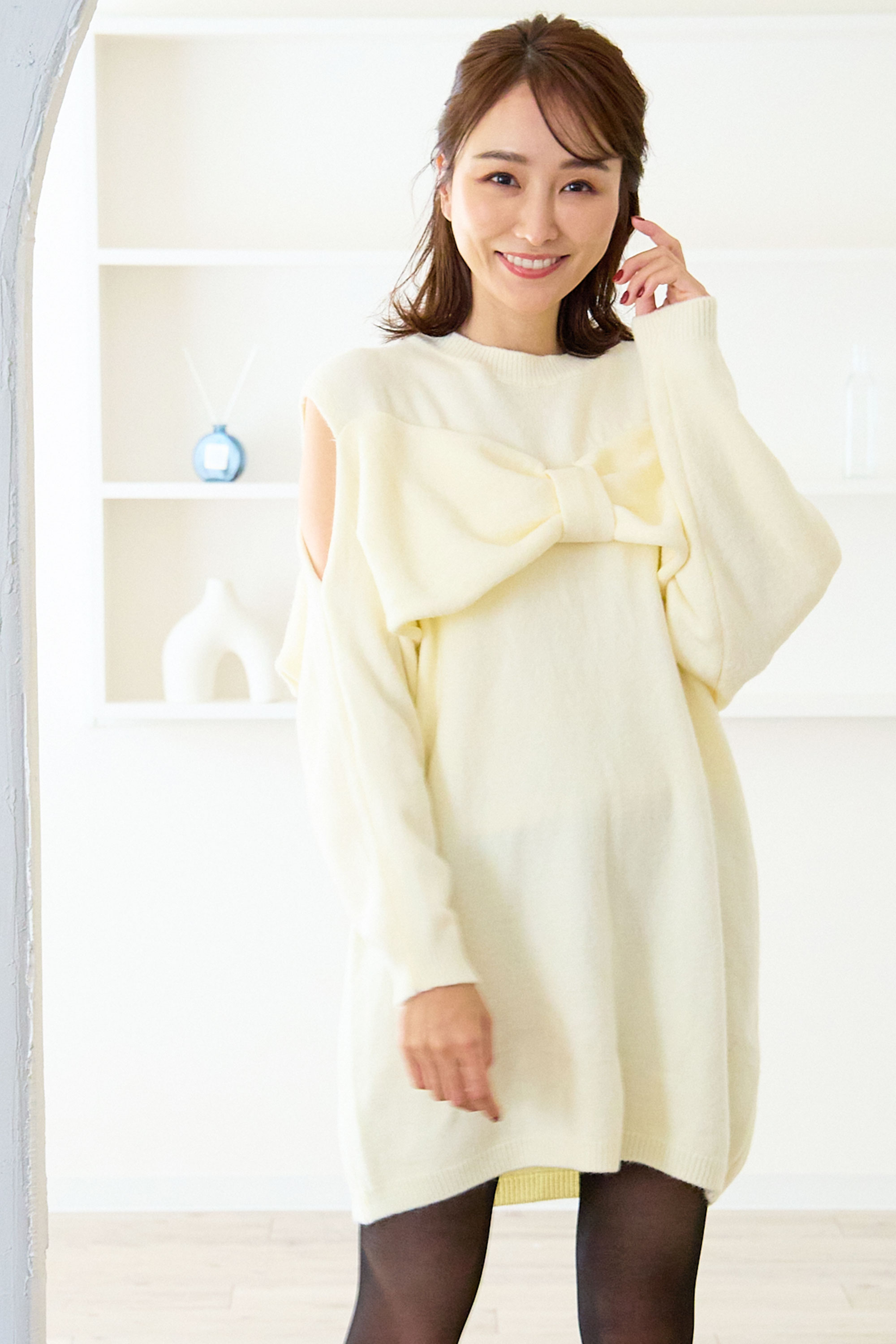 【オープンショルダー　リボンニットワンピース(ab562)】メール便OK