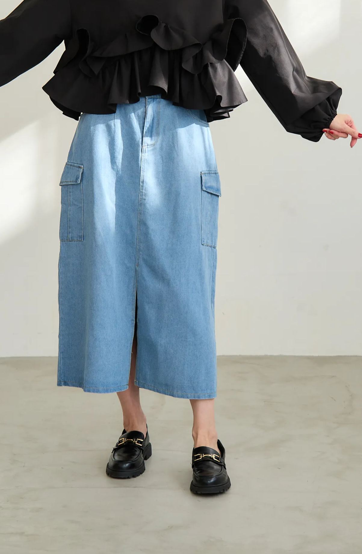 【スリット入りデニムカーゴロングスカート(kk1002)】