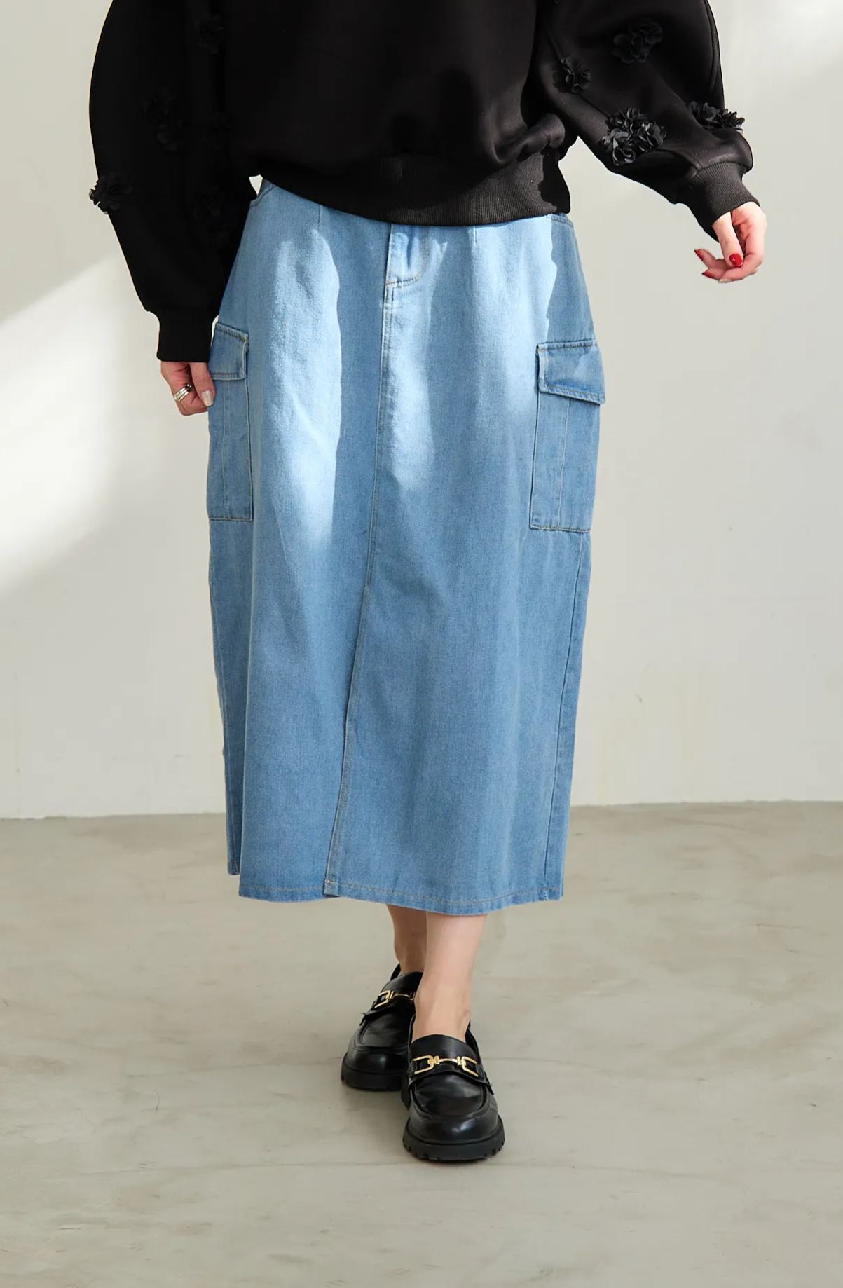 【スリット入りデニムカーゴロングスカート(kk1002)】