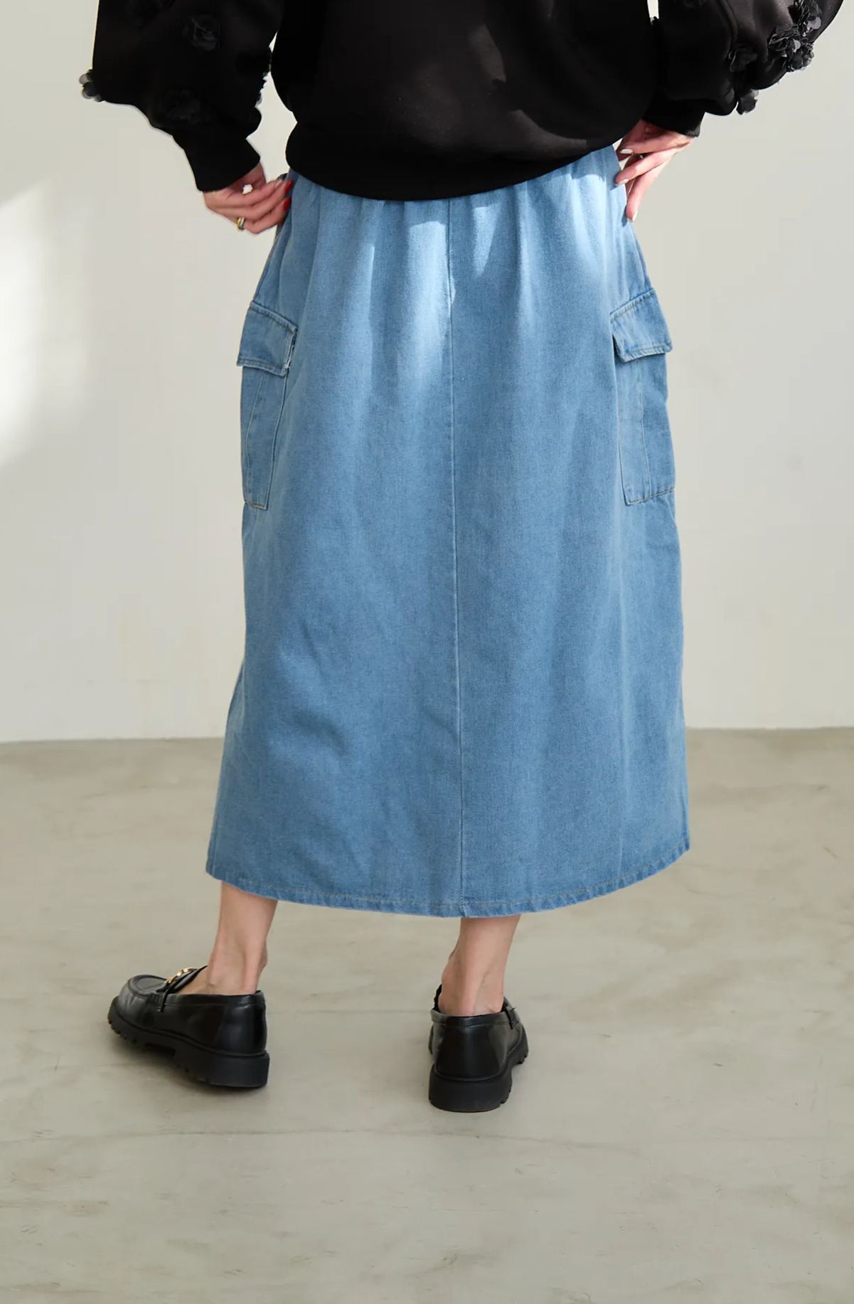 【スリット入りデニムカーゴロングスカート(kk1002)】