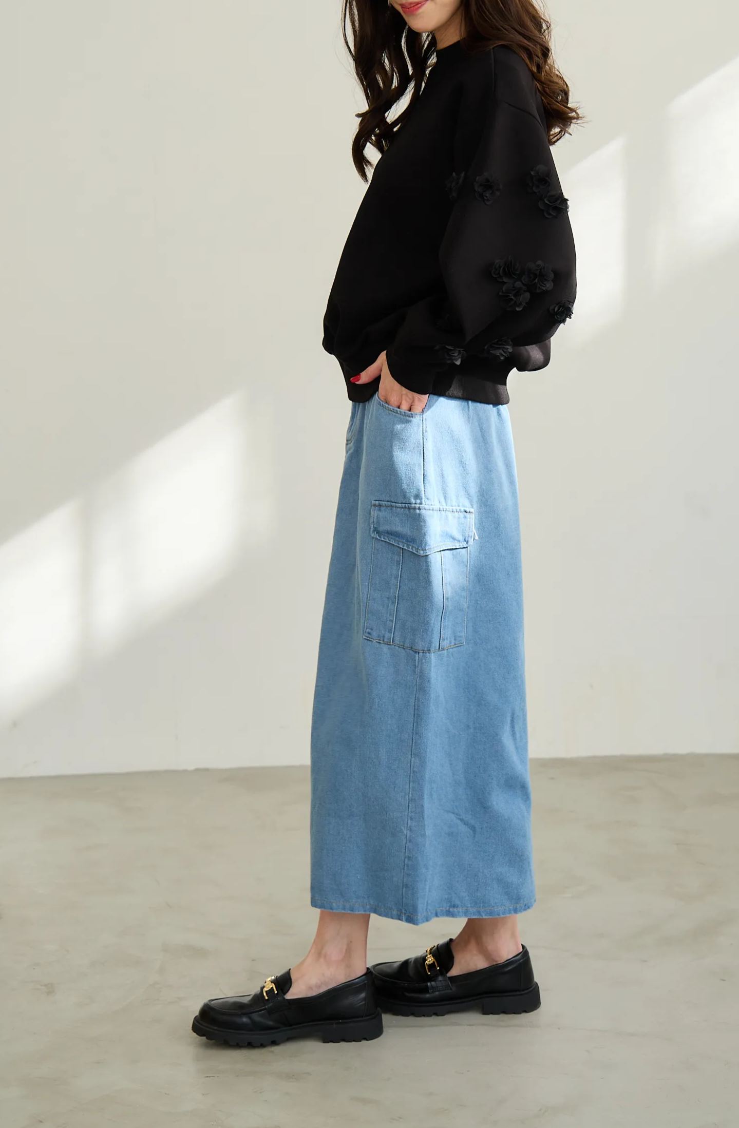 【スリット入りデニムカーゴロングスカート(kk1002)】