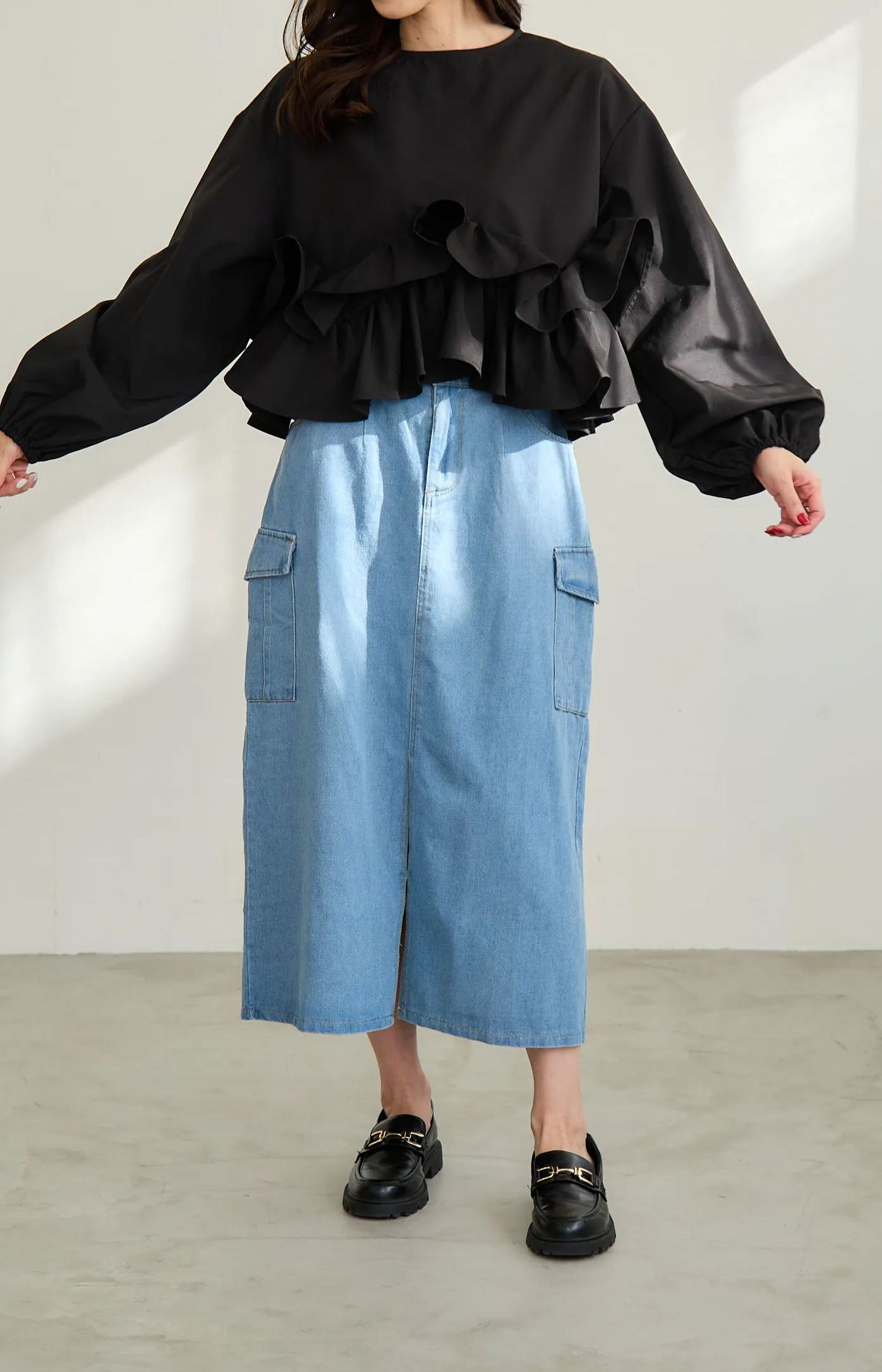 【スリット入りデニムカーゴロングスカート(kk1002)】