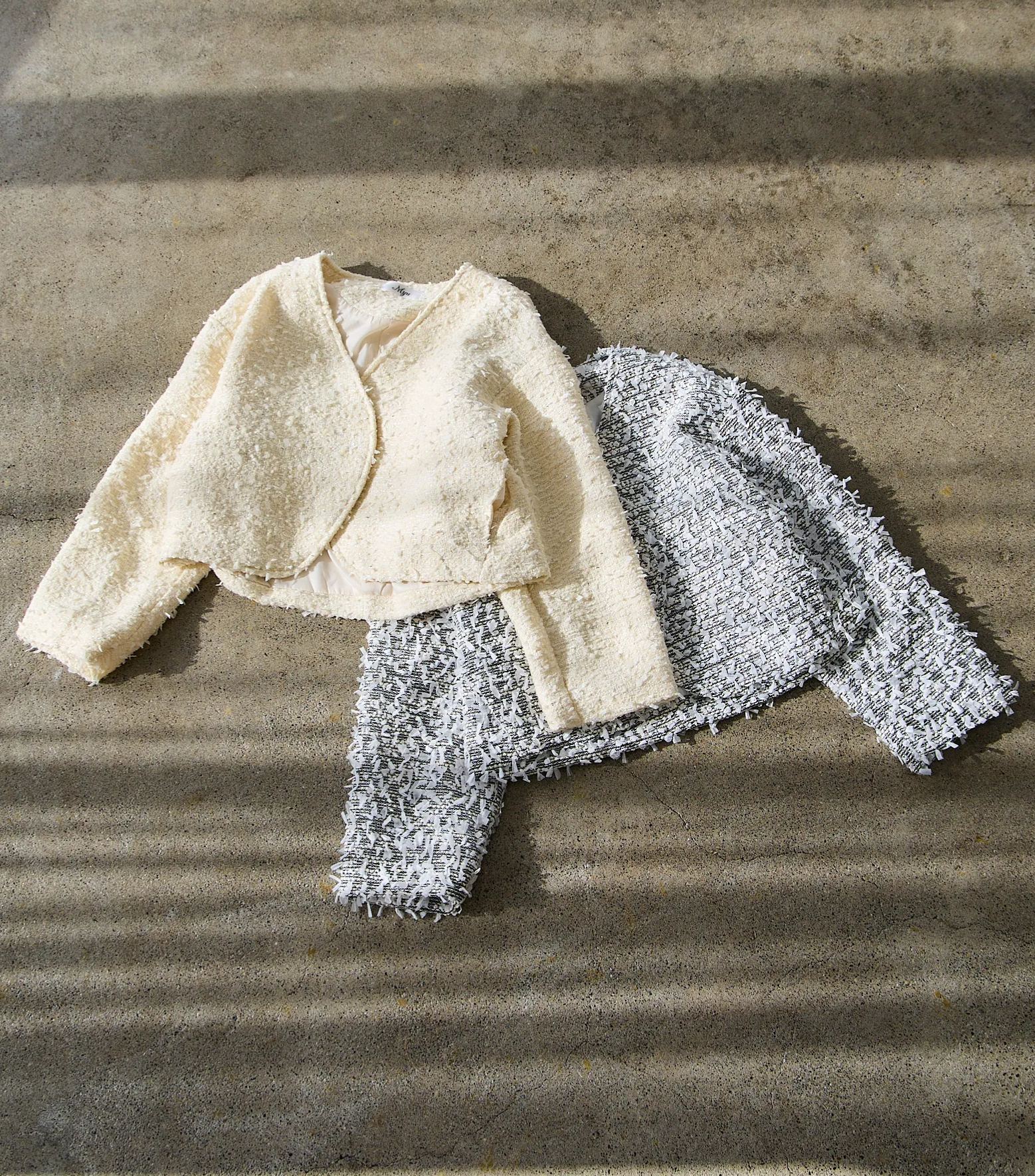 mako×Myuコラボ【キラキラツイード スッキリ見せノーカラージャケット(kbm603)】メール便OK