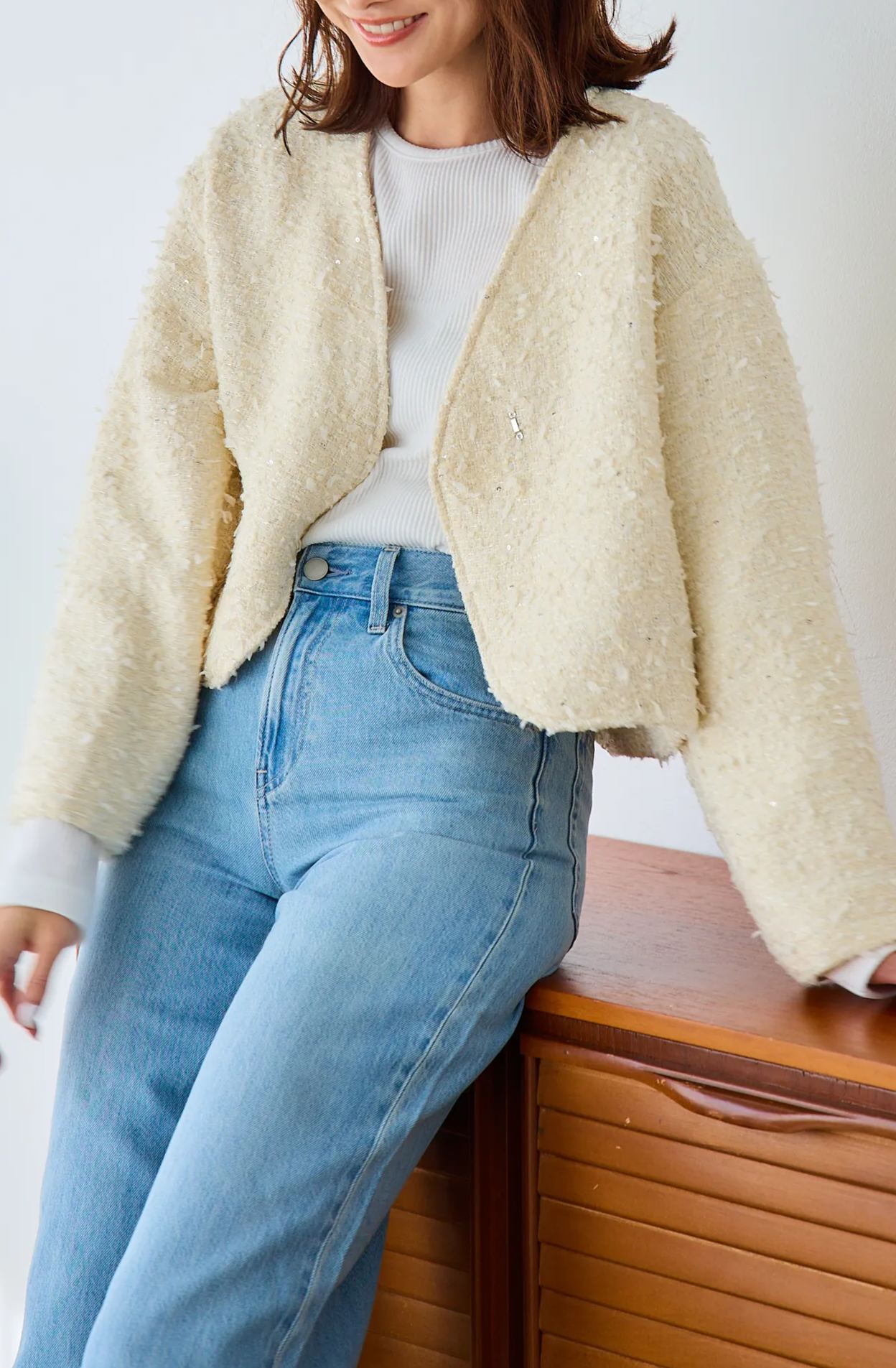 mako×Myuコラボ【キラキラツイード スッキリ見せノーカラージャケット(kbm603)】メール便OK