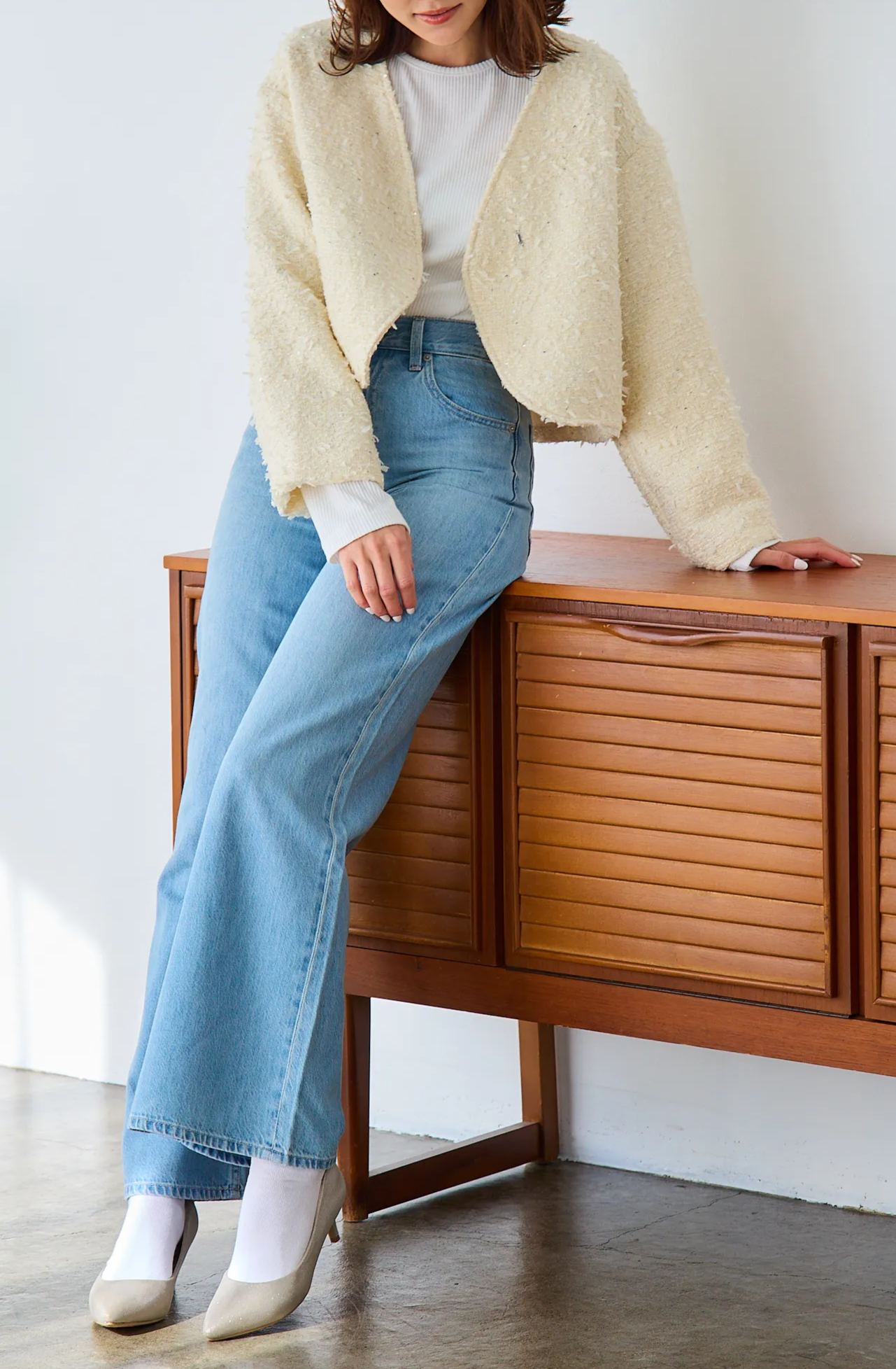 mako×Myuコラボ【キラキラツイード スッキリ見せノーカラージャケット(kbm603)】メール便OK