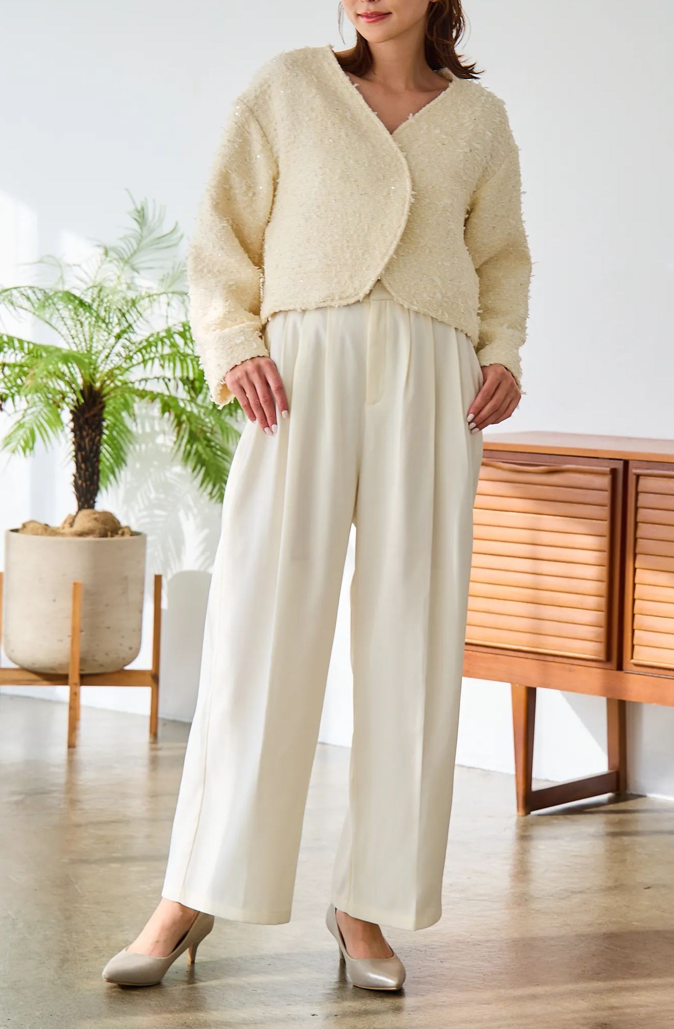 mako×Myuコラボ【キラキラツイード スッキリ見せノーカラージャケット(kbm603)】メール便OK