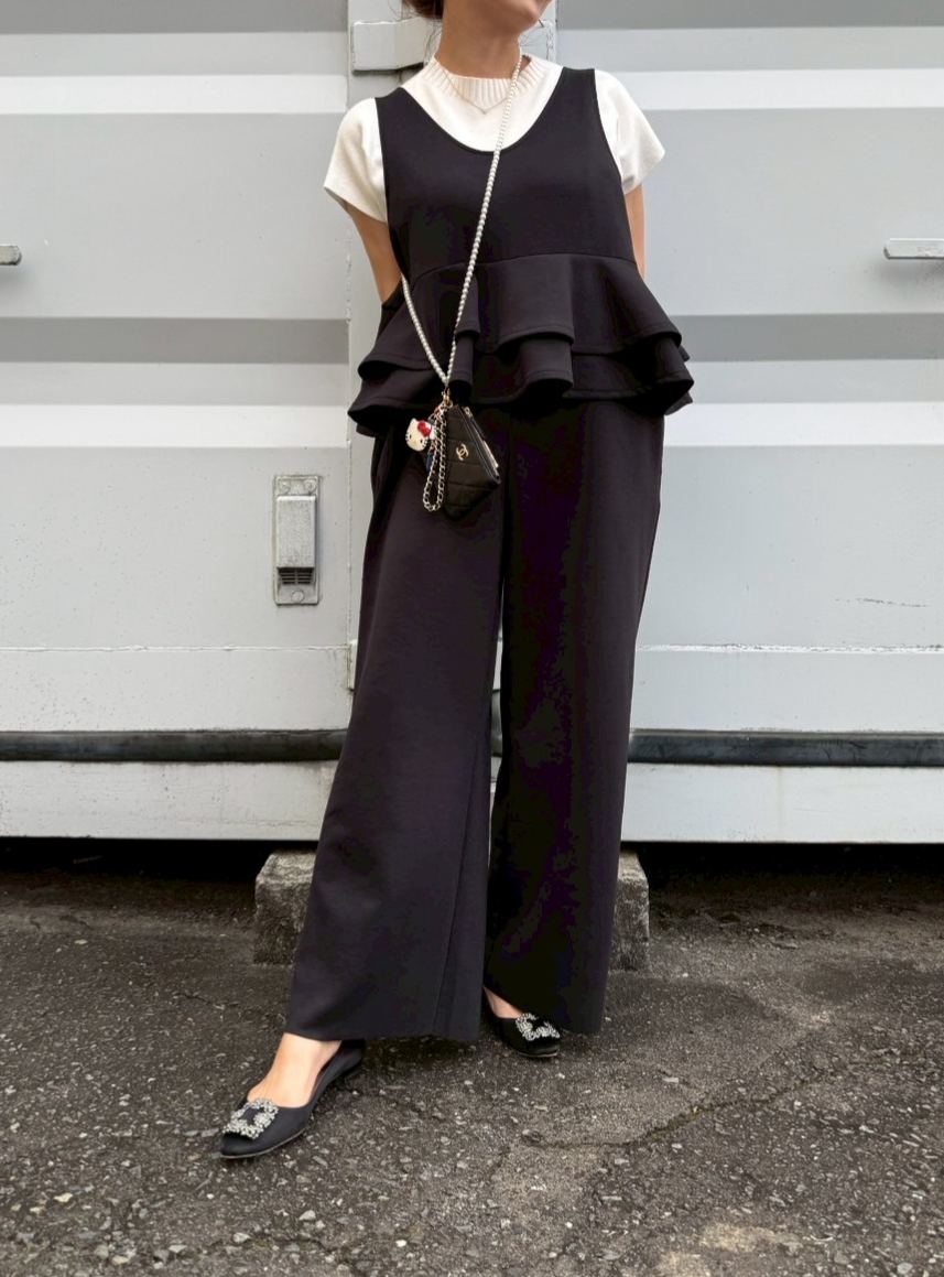 【驚くほど楽ちんでびっくりするほど体型カバー】 ウエストフリルストレッチサロペット(ma11-2508)